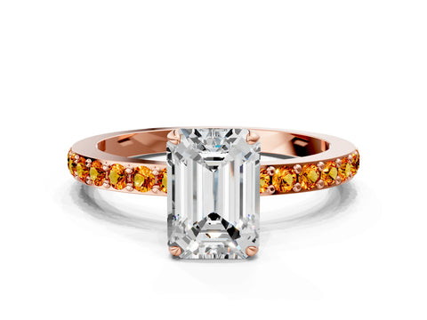 Rose gold Emerald Cut Diamond Pavé Engagement Ring with Round with Citrine side stone Accents and Prong Setting