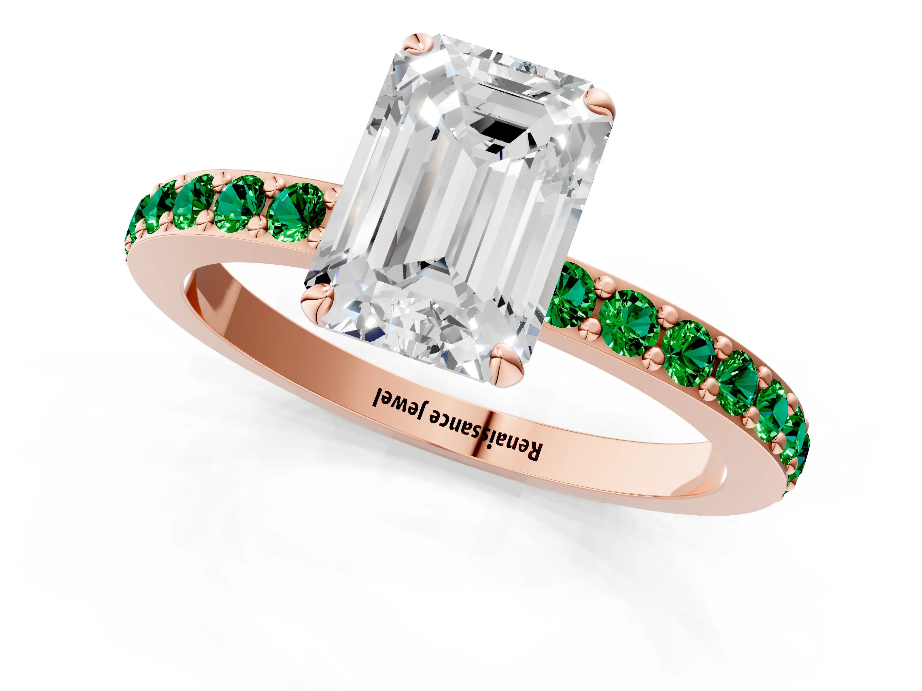 Rose gold Emerald Cut Diamond Pavé Engagement Ring with Round with Emerald side stone Accents and Prong Setting_1
