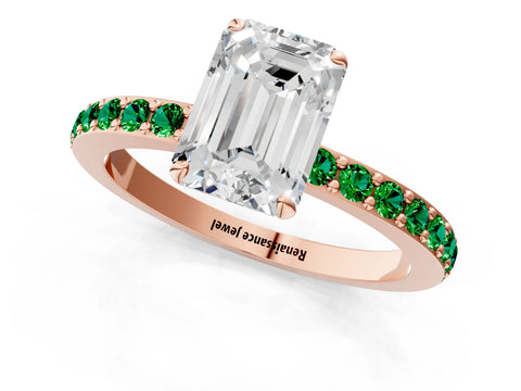 Rose gold Emerald Cut Diamond Pavé Engagement Ring with Round with Emerald side stone Accents and Prong Setting_1