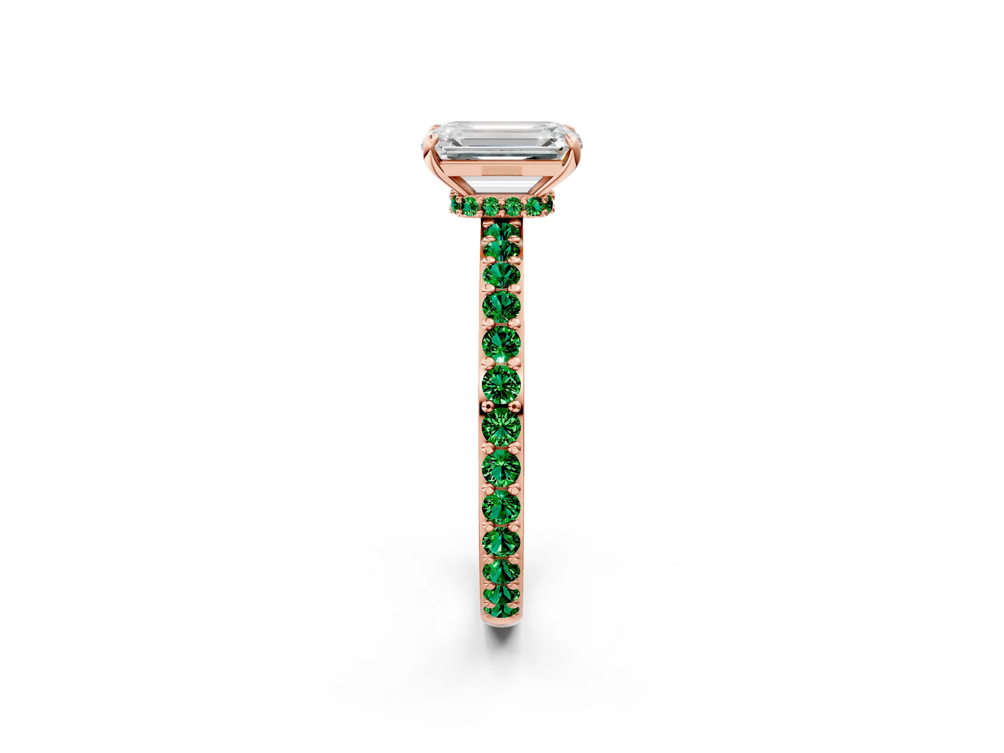Rose gold Emerald Cut Diamond Pavé Engagement Ring with Round with Emerald side stone Accents and Prong Setting_2