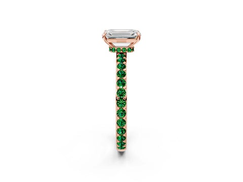 Rose gold Emerald Cut Diamond Pavé Engagement Ring with Round with Emerald side stone Accents and Prong Setting_2