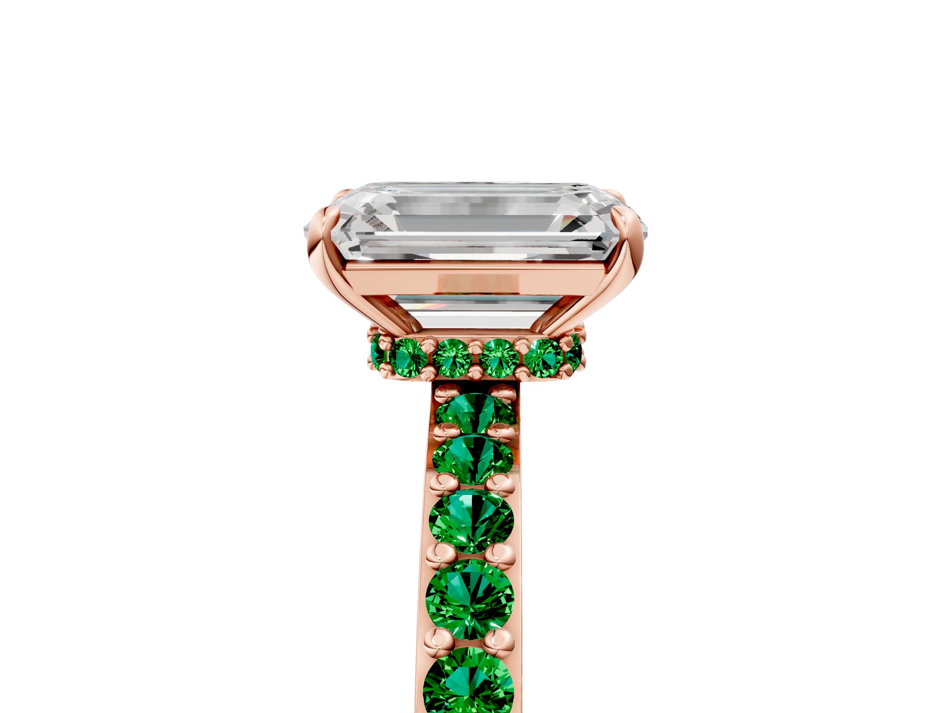 Rose gold Emerald Cut Diamond Pavé Engagement Ring with Round with Emerald side stone Accents and Prong Setting_5