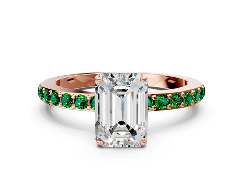 Rose gold Emerald Cut Diamond Pavé Engagement Ring with Round with Emerald side stone Accents and Prong Setting