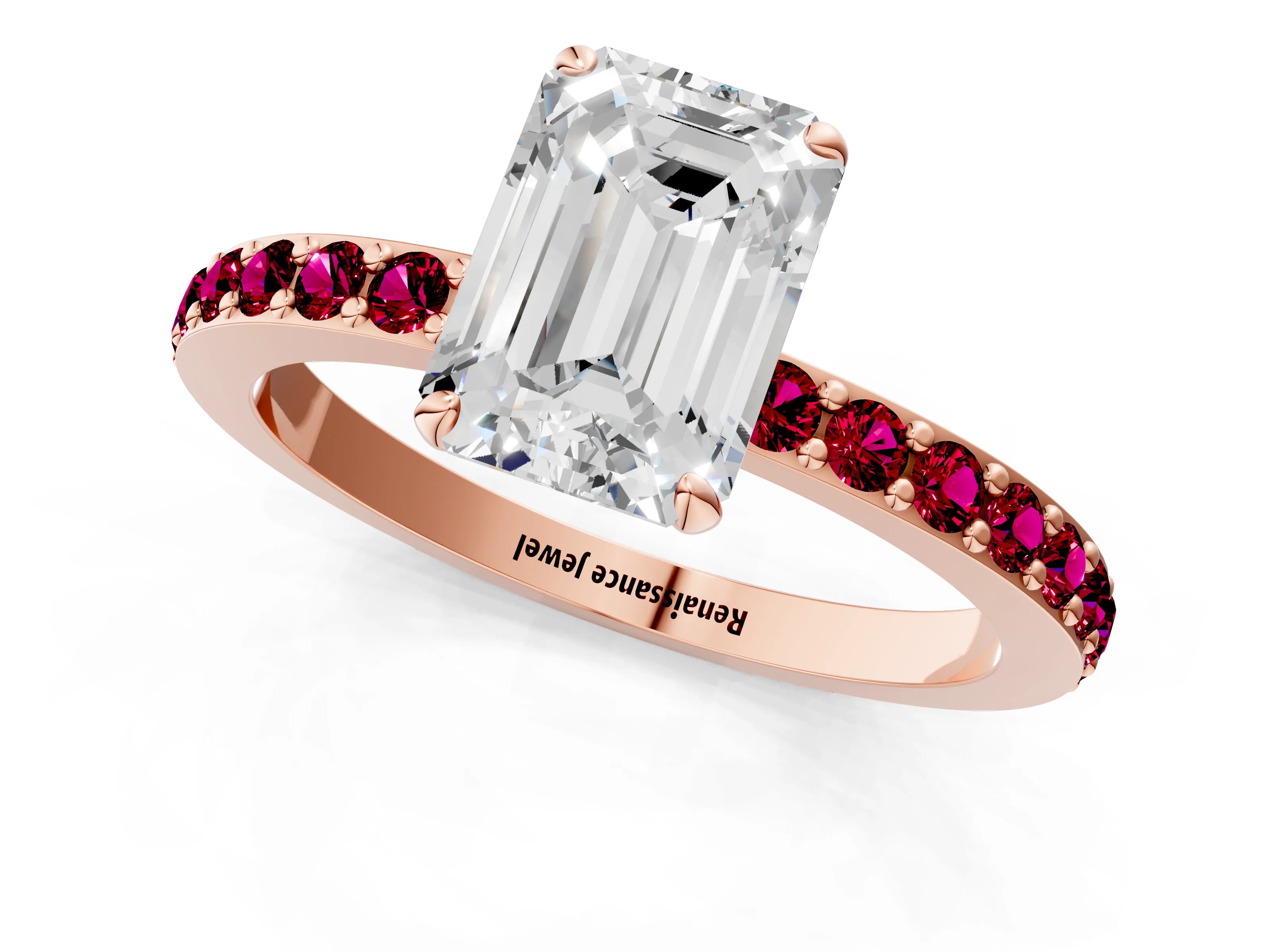 Rose gold Emerald Cut Diamond Pavé Engagement Ring with Round with Garnet side stone Accents and Prong Setting_1