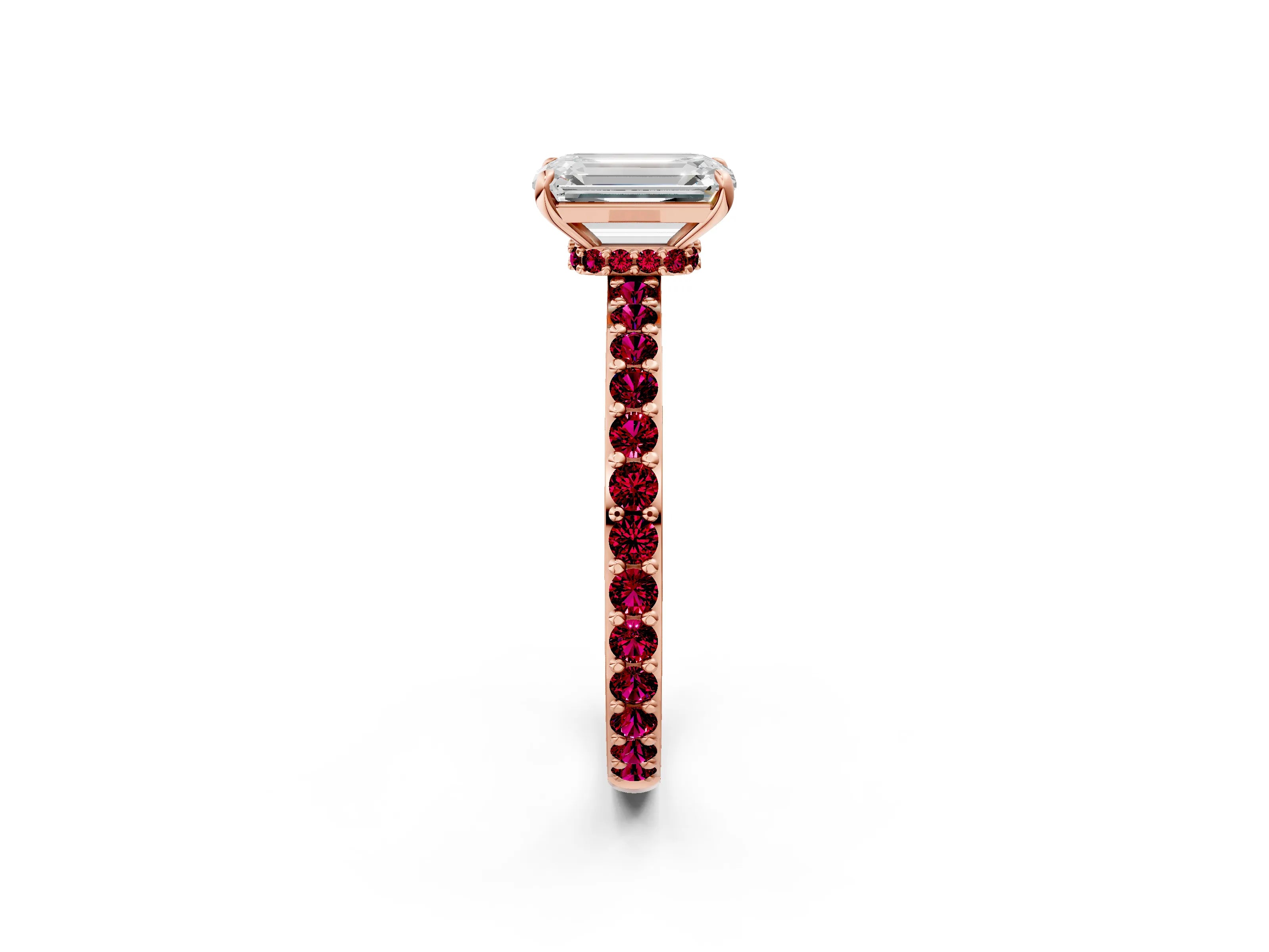 Rose gold Emerald Cut Diamond Pavé Engagement Ring with Round with Garnet side stone Accents and Prong Setting_2