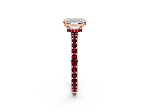 Rose gold Emerald Cut Diamond Pavé Engagement Ring with Round with Garnet side stone Accents and Prong Setting_2