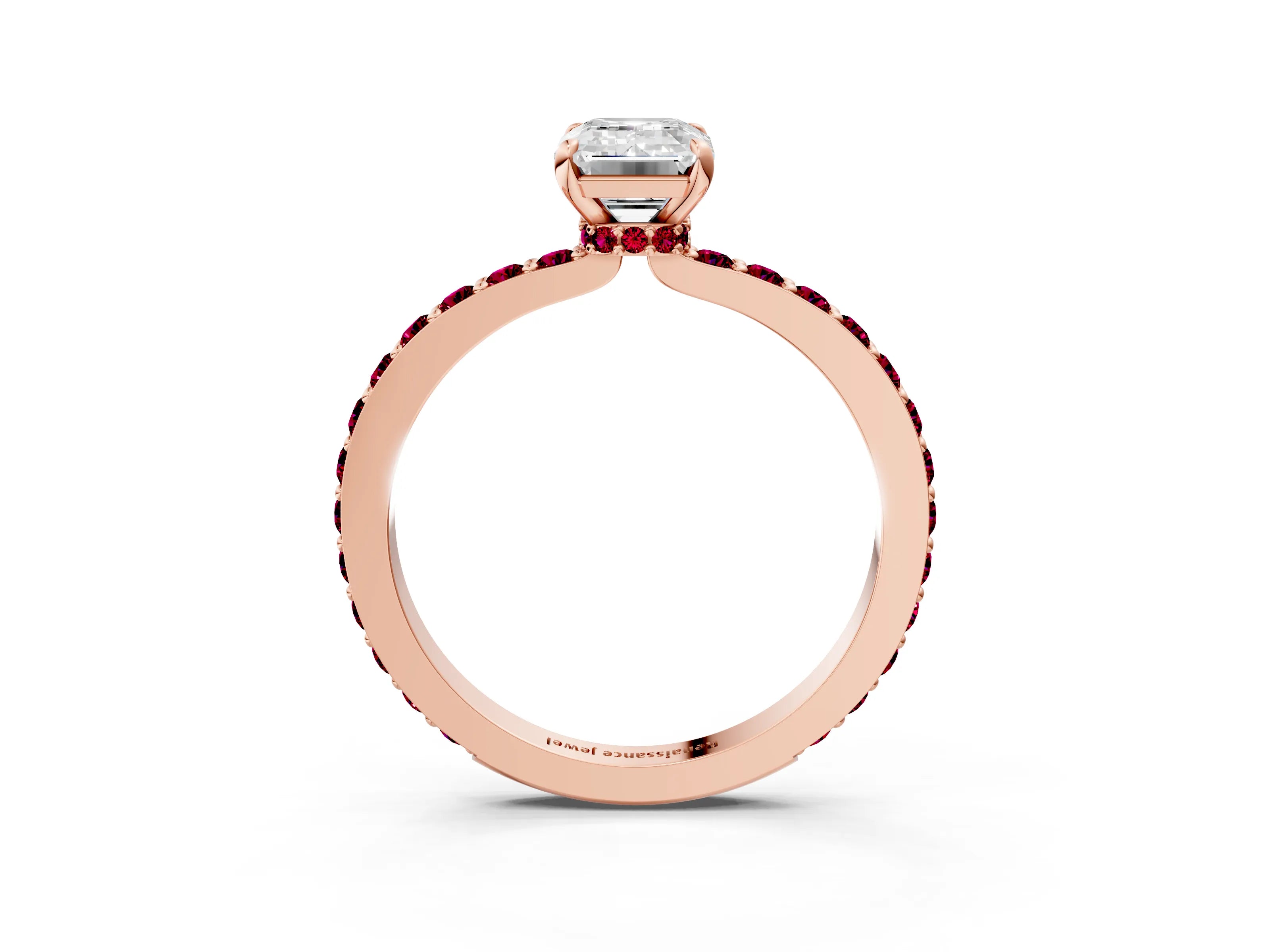 Rose gold Emerald Cut Diamond Pavé Engagement Ring with Round with Garnet side stone Accents and Prong Setting_3