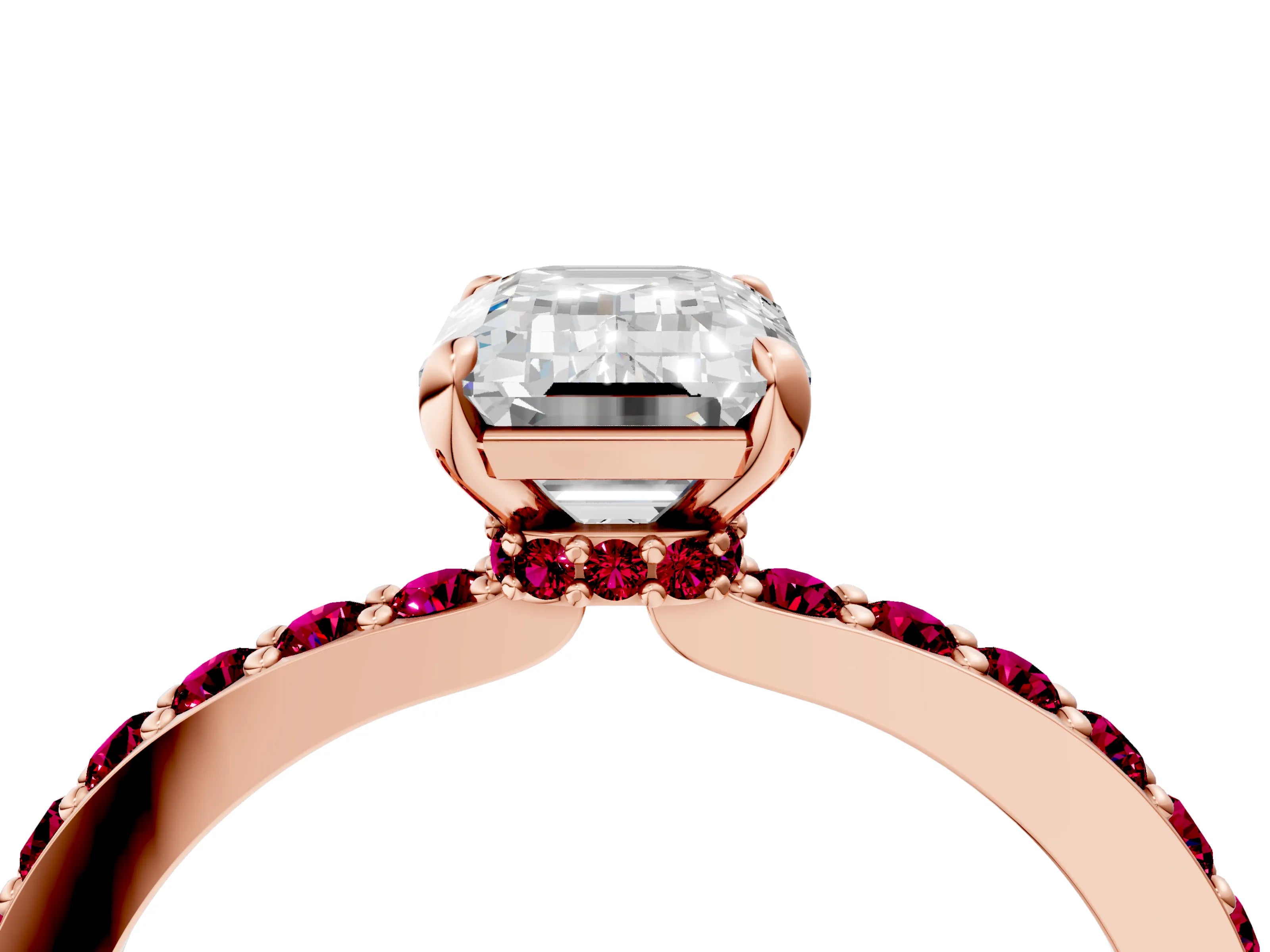 Rose gold Emerald Cut Diamond Pavé Engagement Ring with Round with Garnet side stone Accents and Prong Setting_4