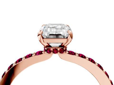 Rose gold Emerald Cut Diamond Pavé Engagement Ring with Round with Garnet side stone Accents and Prong Setting_4