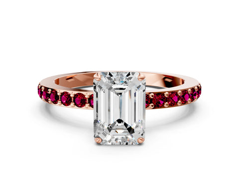 Rose gold Emerald Cut Diamond Pavé Engagement Ring with Round with Garnet side stone Accents and Prong Setting