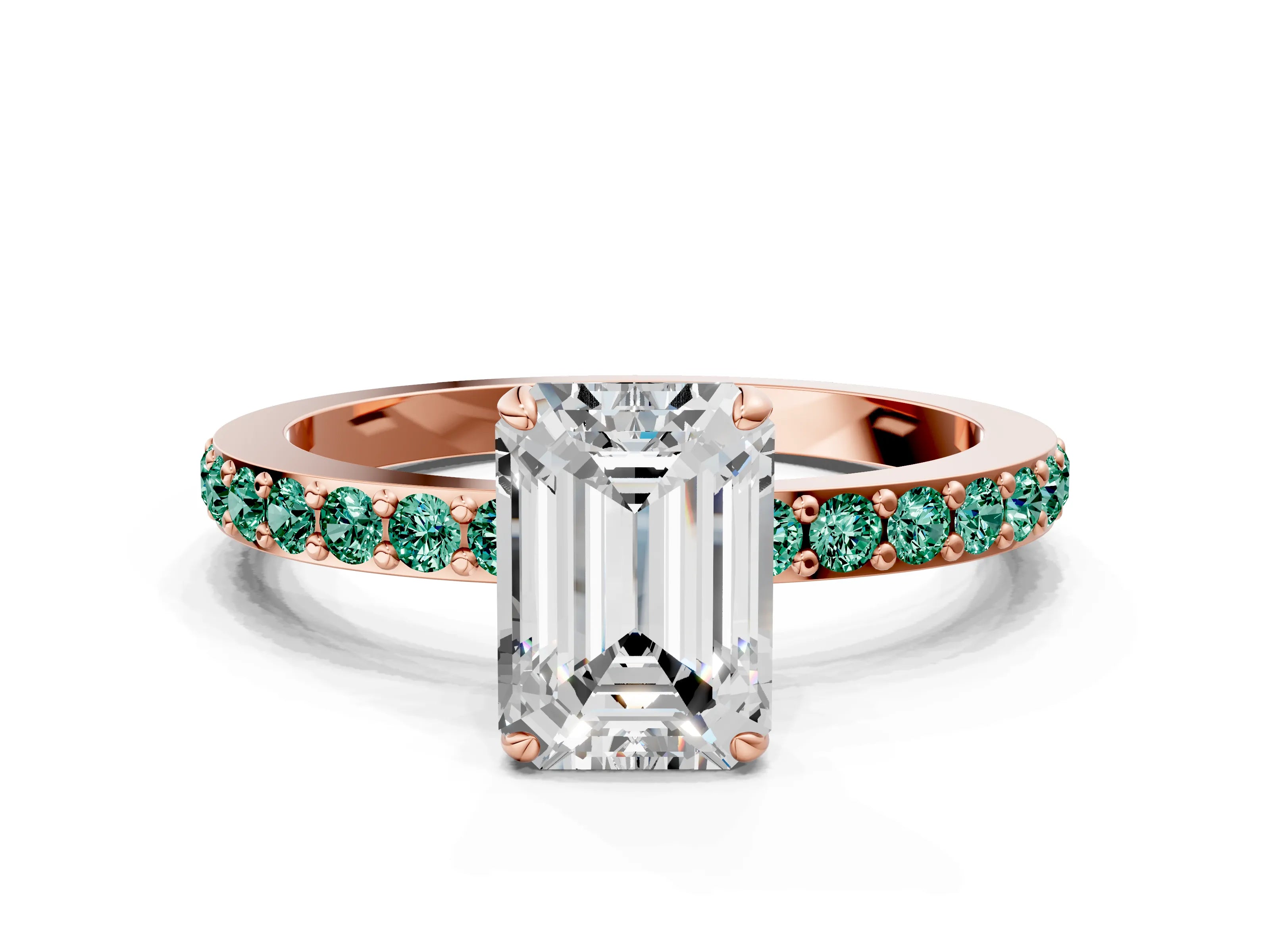 Rose gold Emerald Cut Diamond Pavé Engagement Ring with Round with Green Sapphire side stone Accents and Prong Setting