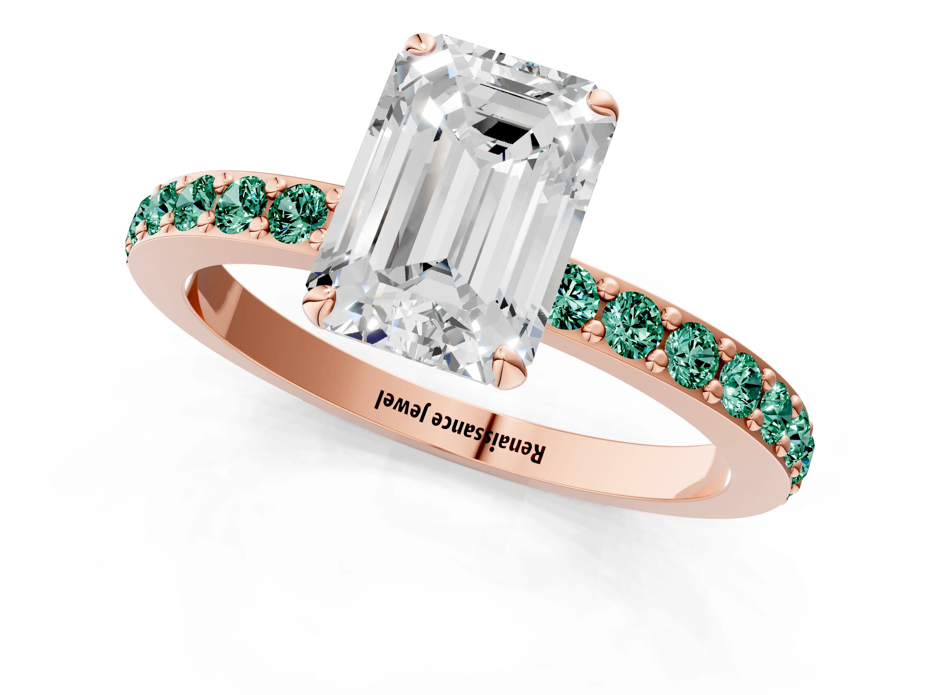 Rose gold Emerald Cut Diamond Pavé Engagement Ring with Round with Green Sapphire side stone Accents and Prong Setting_1