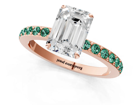 Rose gold Emerald Cut Diamond Pavé Engagement Ring with Round with Green Sapphire side stone Accents and Prong Setting_1