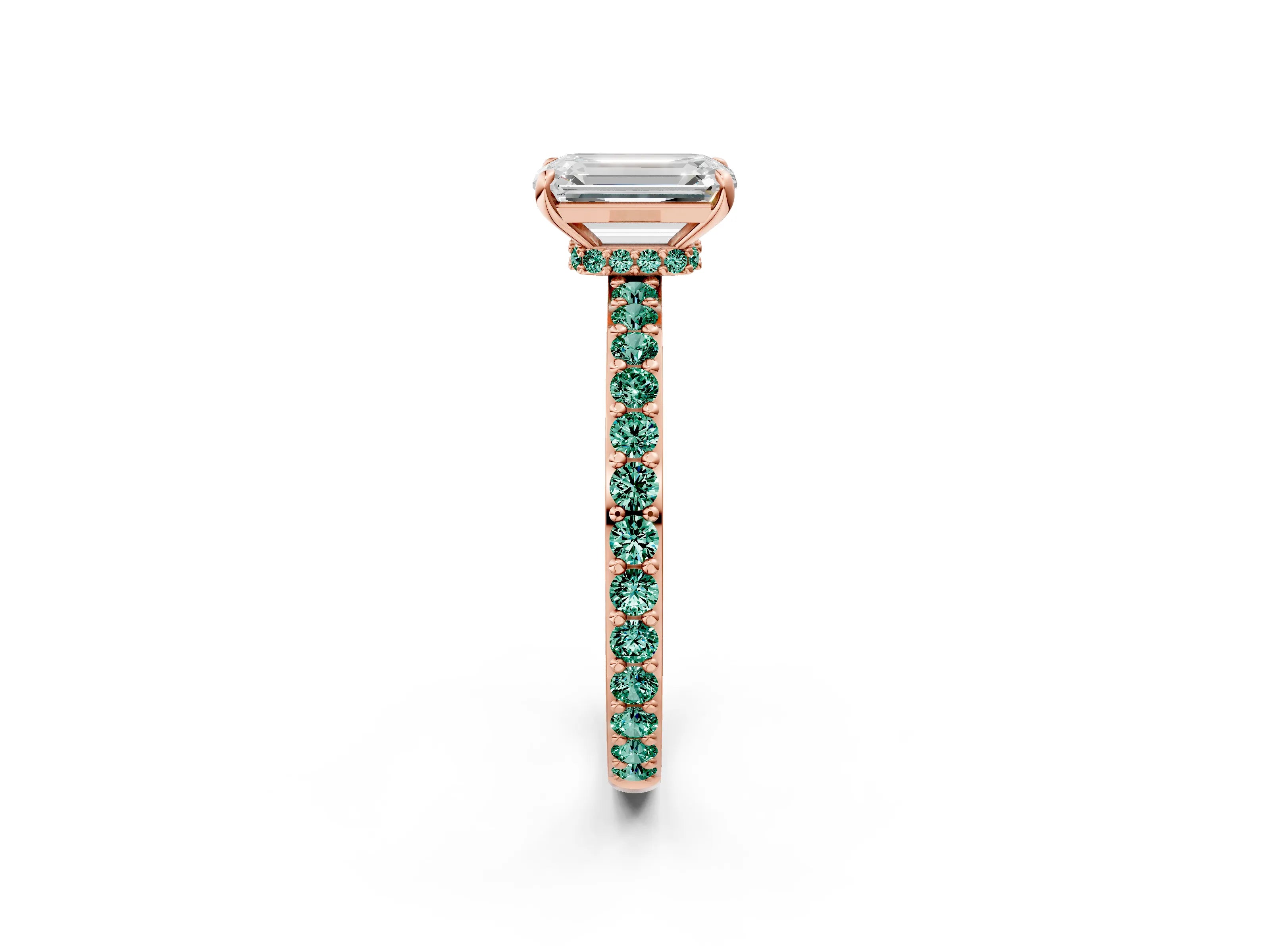 Rose gold Emerald Cut Diamond Pavé Engagement Ring with Round with Green Sapphire side stone Accents and Prong Setting_2