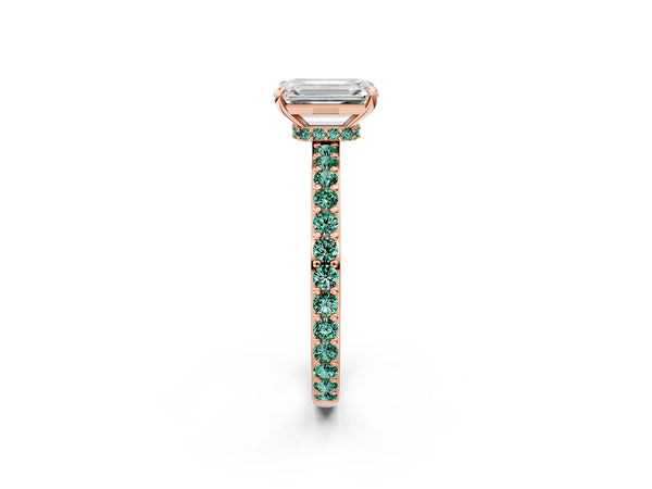 Rose gold Emerald Cut Diamond Pavé Engagement Ring with Round with Green Sapphire side stone Accents and Prong Setting