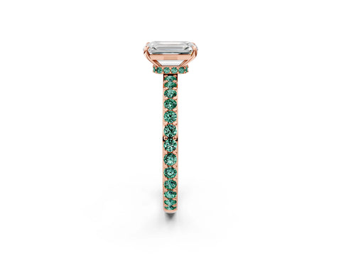Rose gold Emerald Cut Diamond Pavé Engagement Ring with Round with Green Sapphire side stone Accents and Prong Setting_2