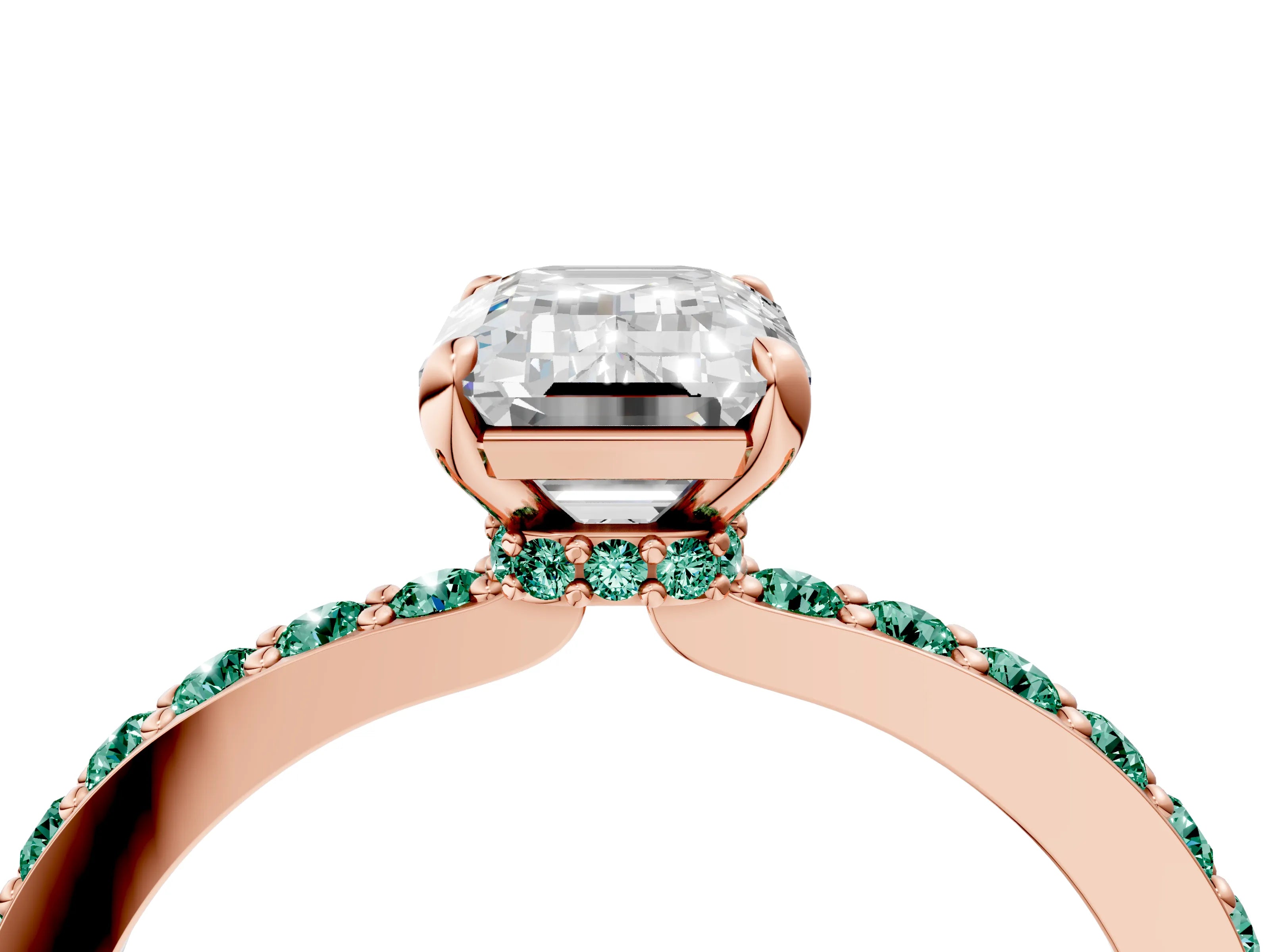 Rose gold Emerald Cut Diamond Pavé Engagement Ring with Round with Green Sapphire side stone Accents and Prong Setting_4