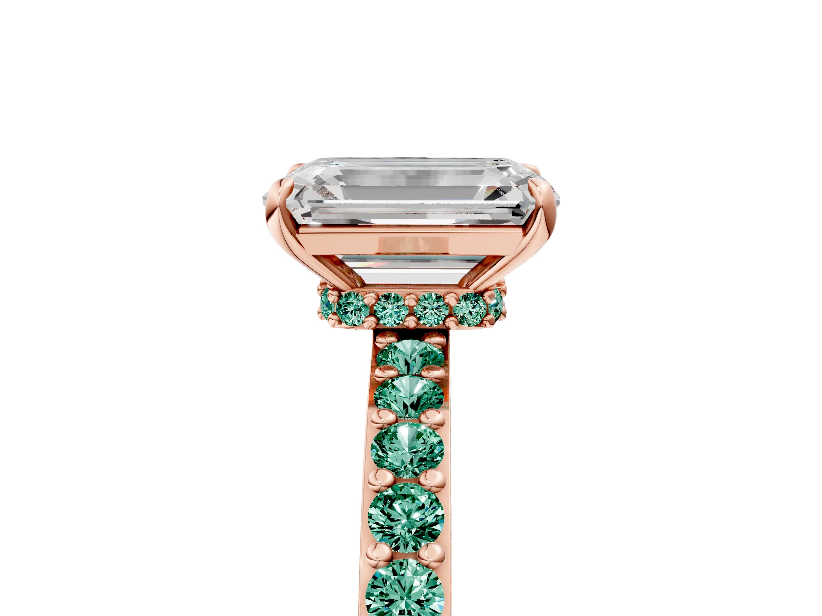Rose gold Emerald Cut Diamond Pavé Engagement Ring with Round with Green Sapphire side stone Accents and Prong Setting_5