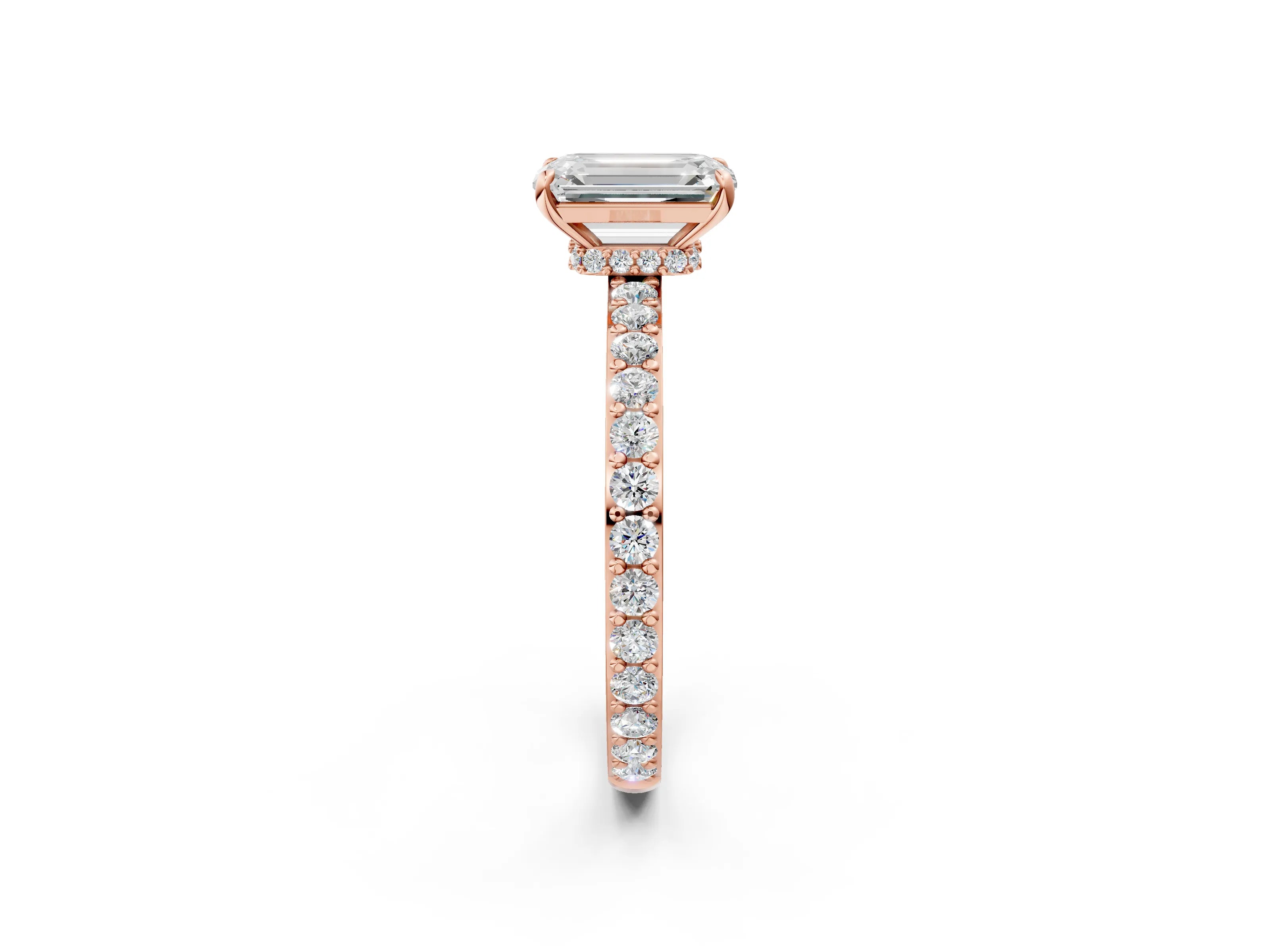 Rose gold Emerald Cut Diamond Pavé Engagement Ring with Round with Moissanite side stone Accents and Prong Setting_2
