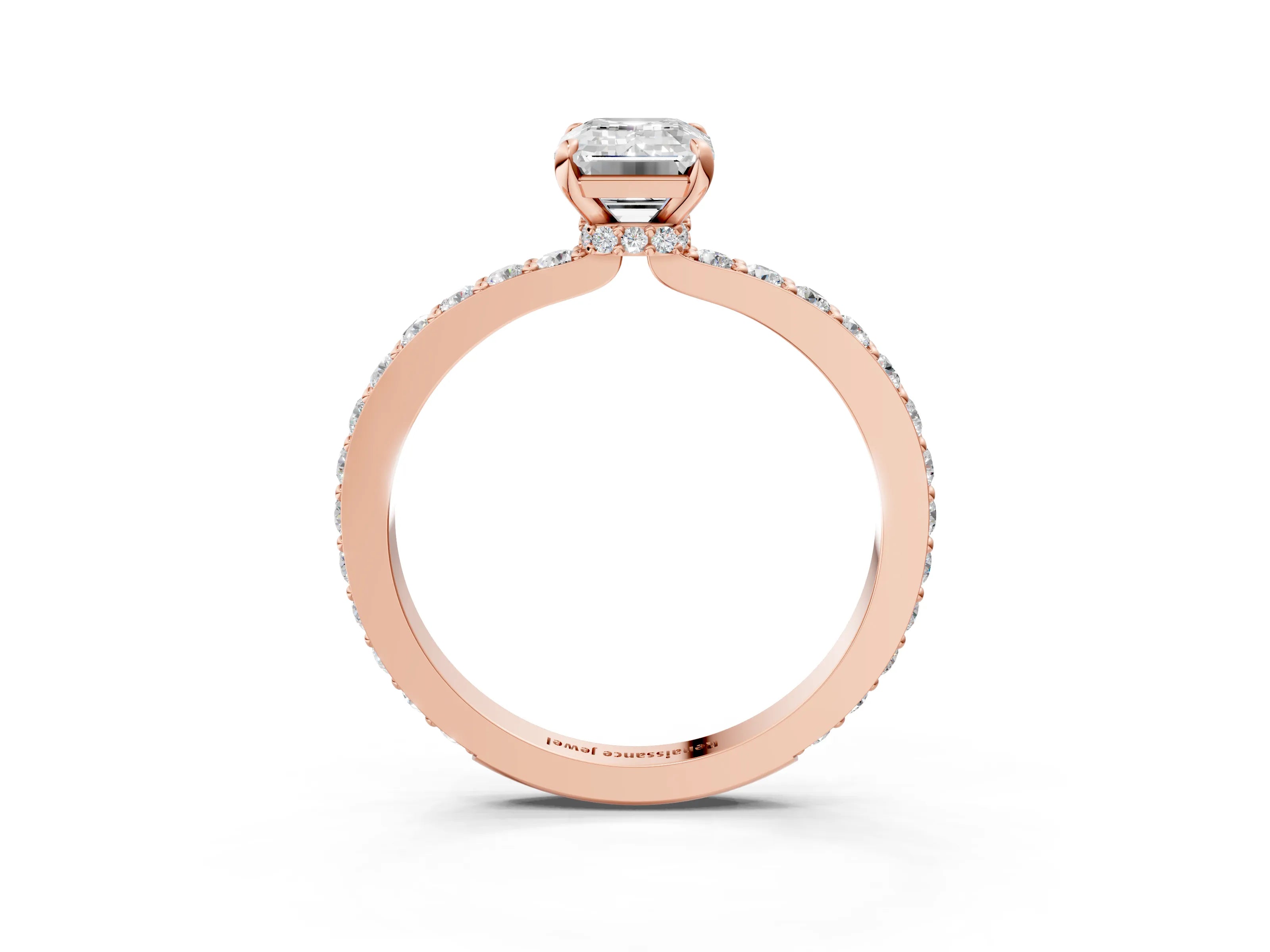 Rose gold Emerald Cut Diamond Pavé Engagement Ring with Round with Moissanite side stone Accents and Prong Setting_3