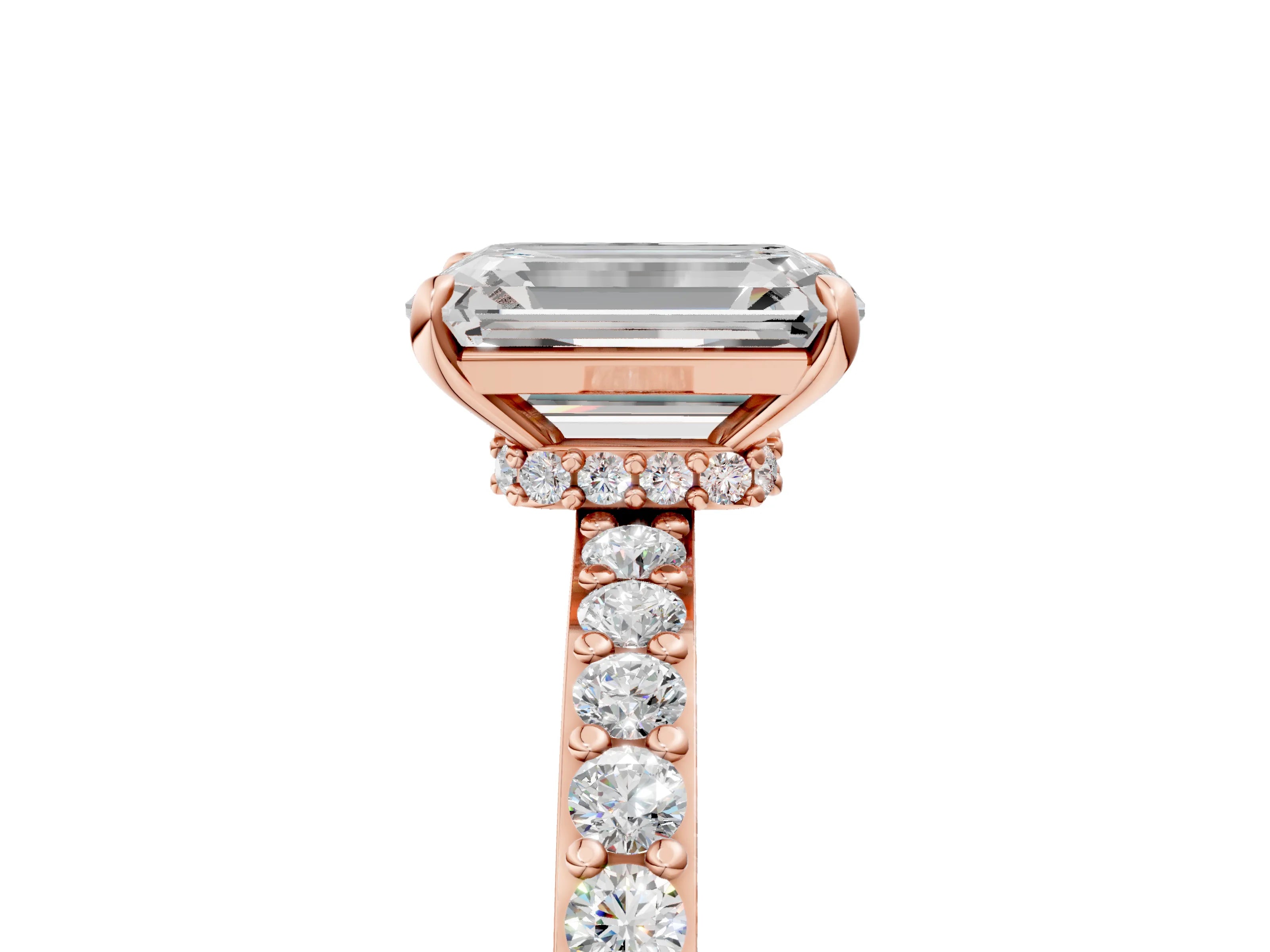 Rose gold Emerald Cut Diamond Pavé Engagement Ring with Round with Moissanite side stone Accents and Prong Setting_5
