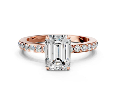 Rose gold Emerald Cut Diamond Pavé Engagement Ring with Round with Moissanite side stone Accents and Prong Setting
