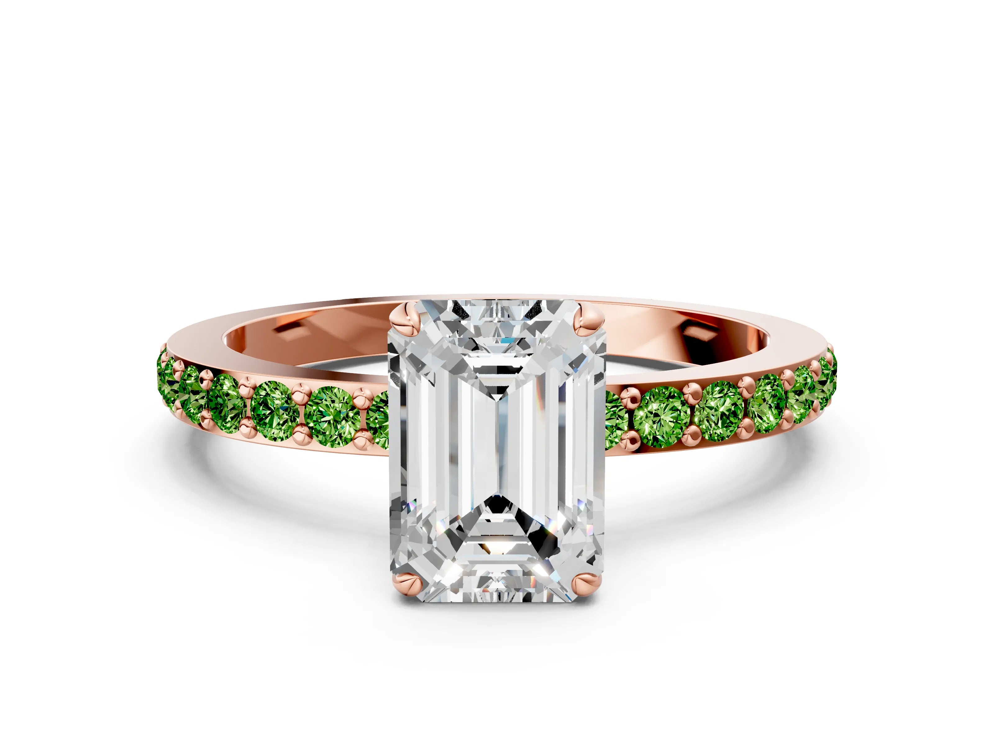 Rose gold Emerald Cut Diamond Pavé Engagement Ring with Round with Peridot side stone Accents and Prong Setting