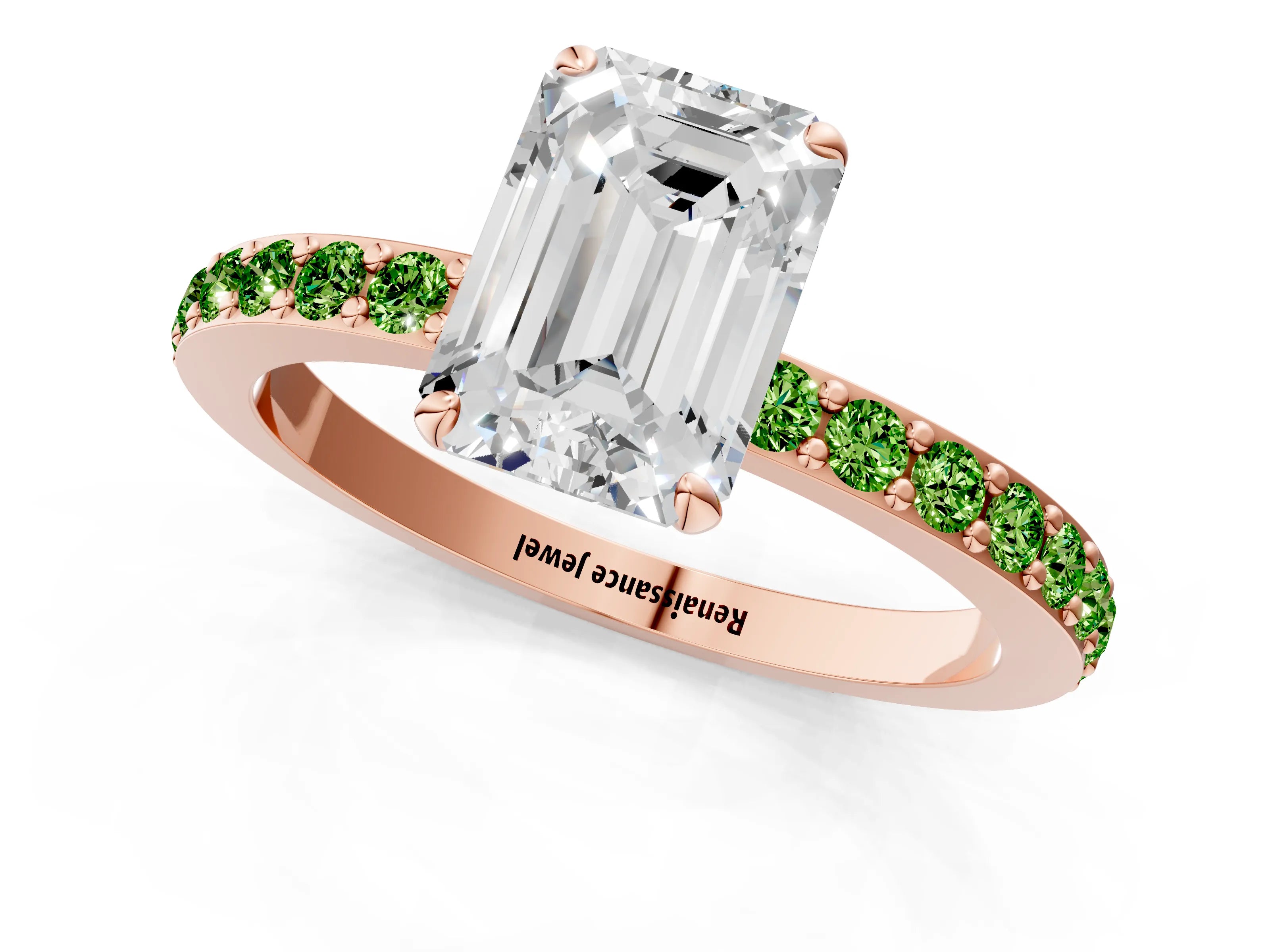 Rose gold Emerald Cut Diamond Pavé Engagement Ring with Round with Peridot side stone Accents and Prong Setting_1