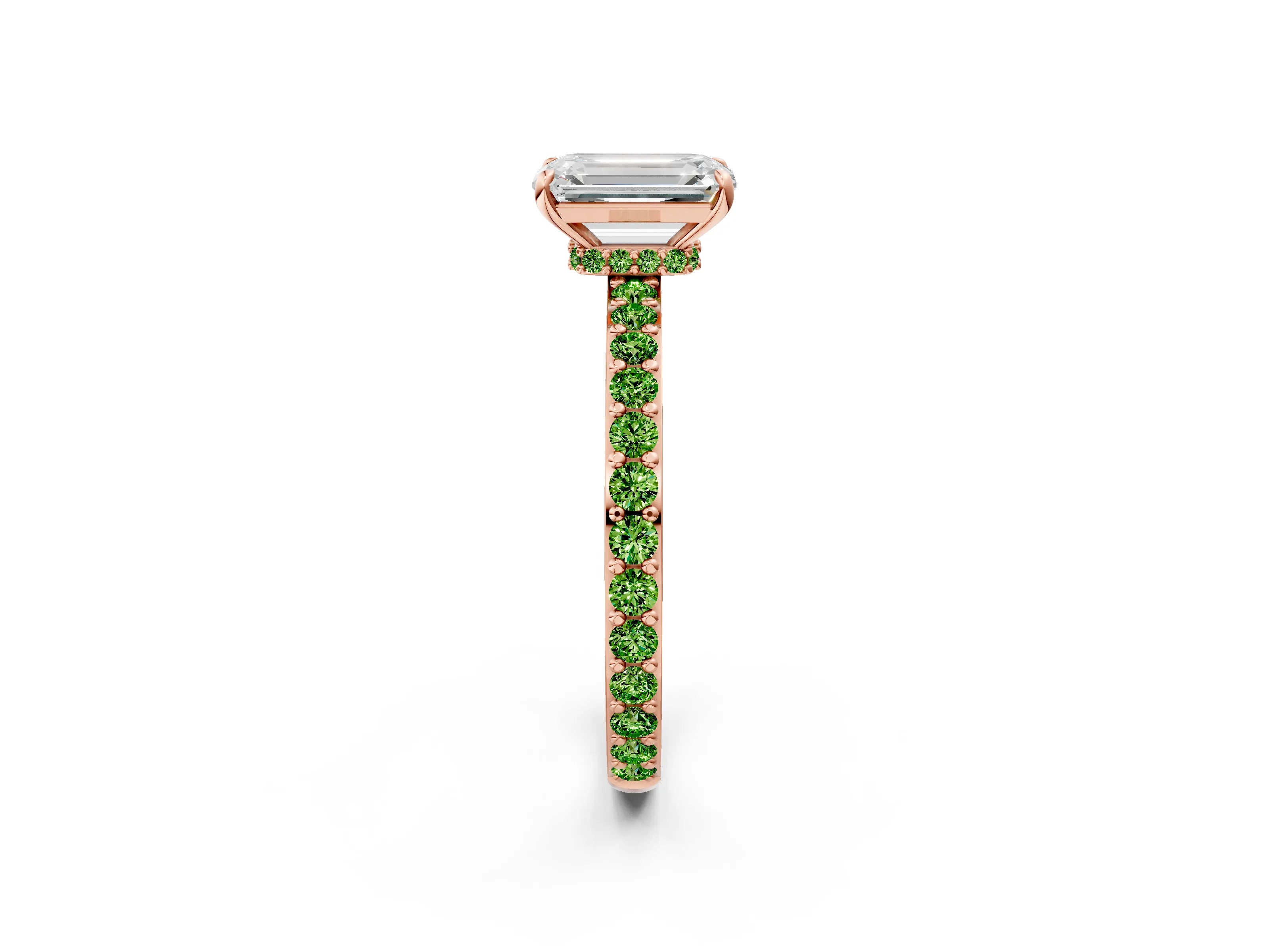 Rose gold Emerald Cut Diamond Pavé Engagement Ring with Round with Peridot side stone Accents and Prong Setting_2