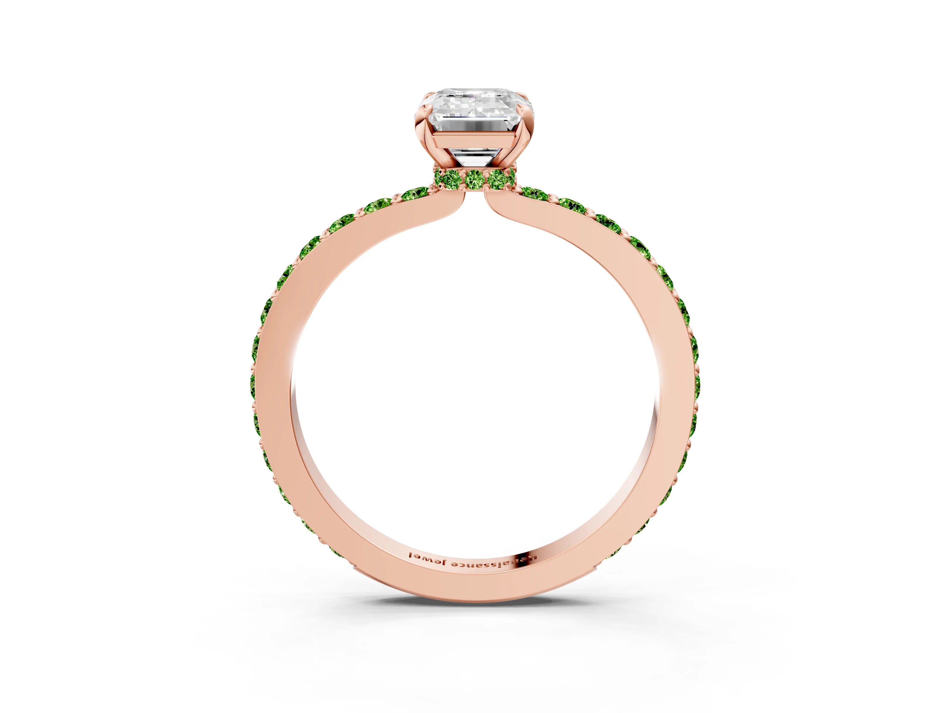 Rose gold Emerald Cut Diamond Pavé Engagement Ring with Round with Peridot side stone Accents and Prong Setting_3