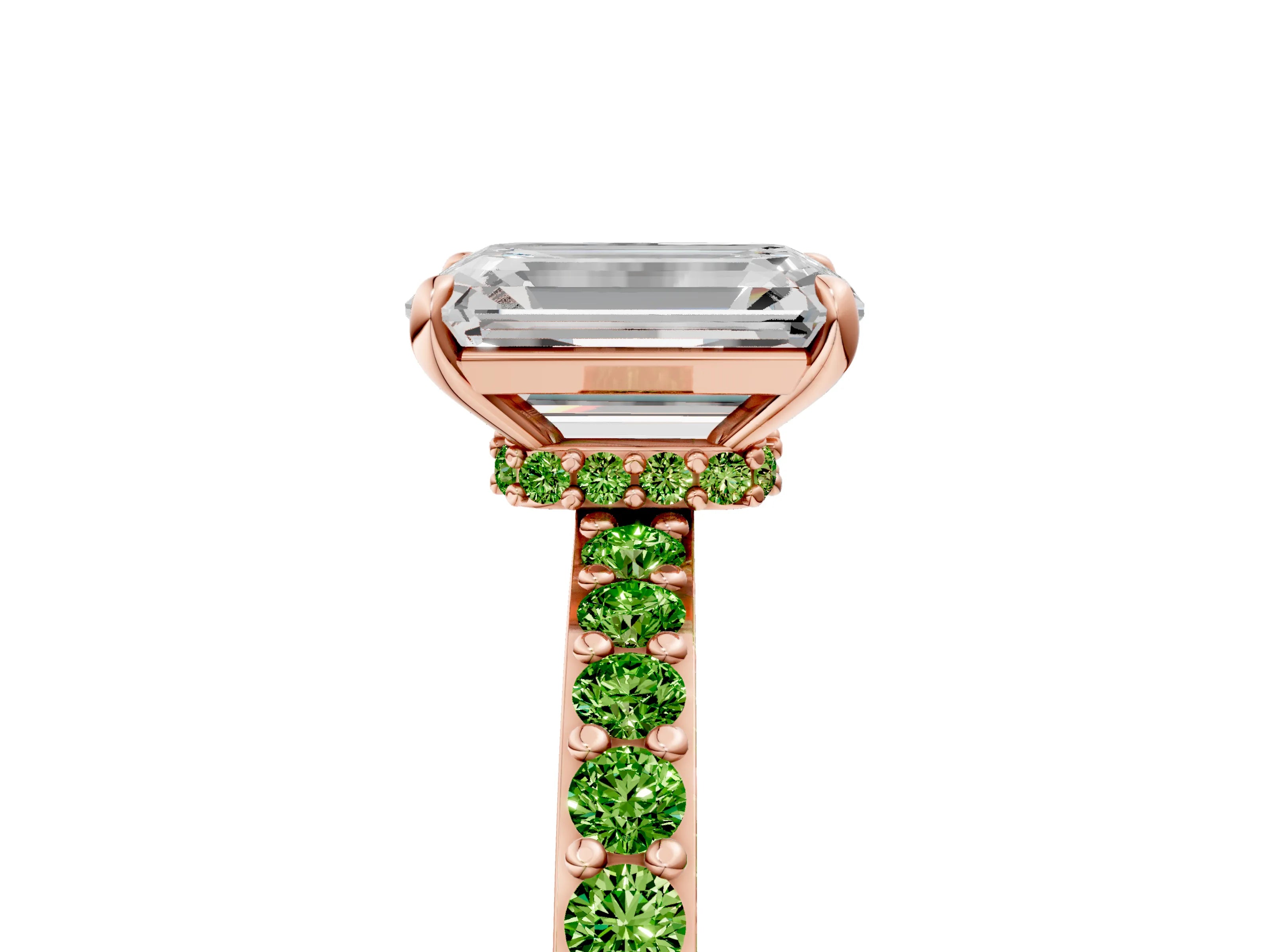 Rose gold Emerald Cut Diamond Pavé Engagement Ring with Round with Peridot side stone Accents and Prong Setting_5