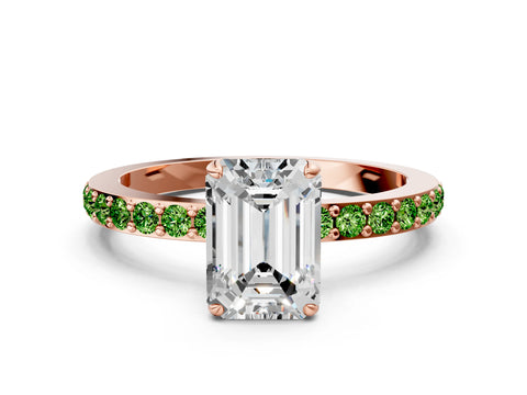 Rose gold Emerald Cut Diamond Pavé Engagement Ring with Round with Peridot side stone Accents and Prong Setting