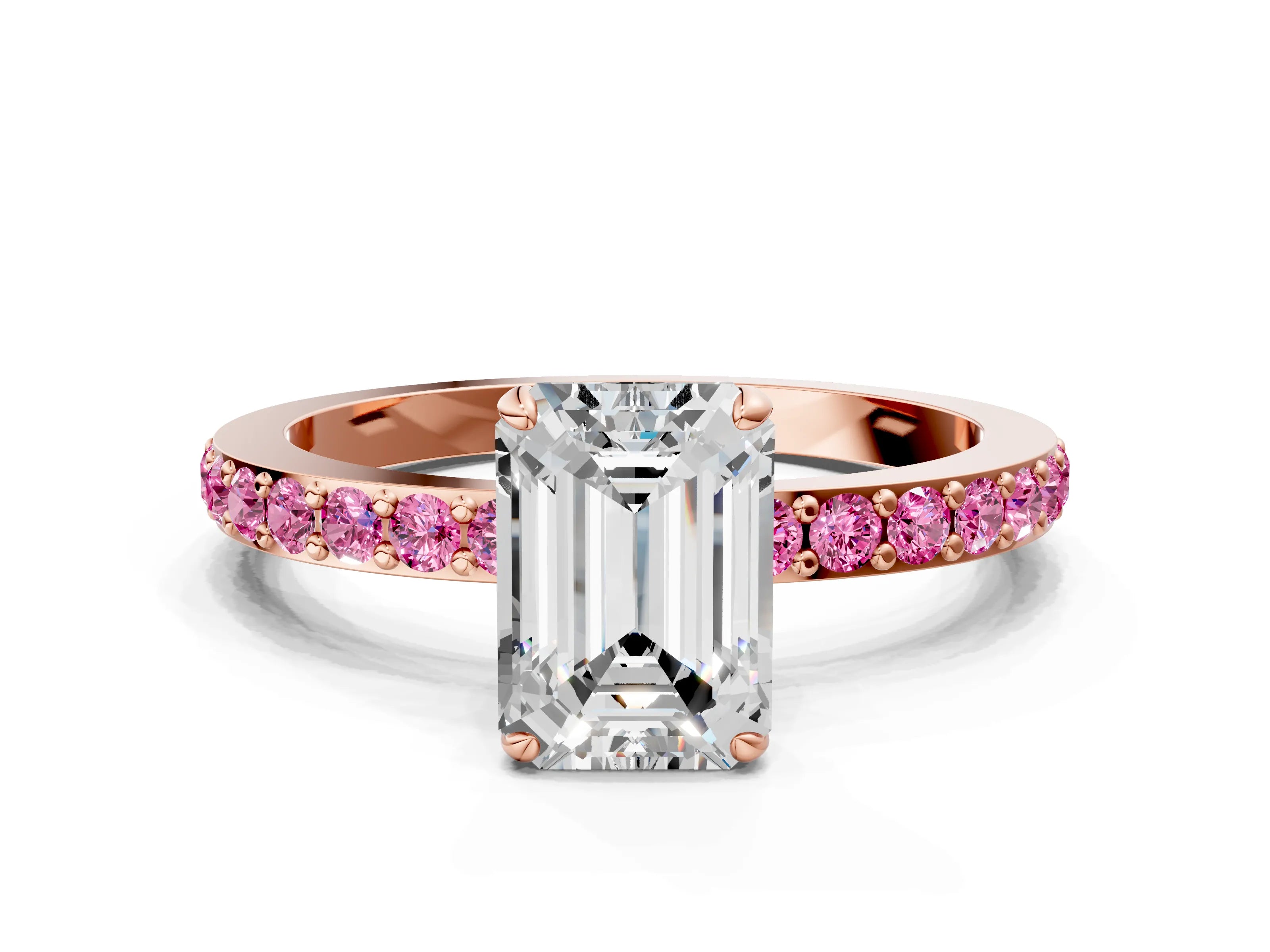 Rose gold Emerald Cut Diamond Pavé Engagement Ring with Round with Pink Sapphire side stone Accents and Prong Setting