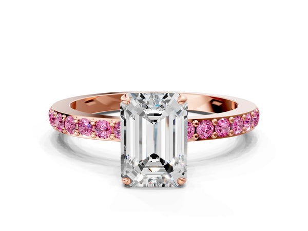 Rose Gold Emerald Cut Hidden Halo Engagement Ring Setting with Lab-Grown Pink Sapphire Pave Band