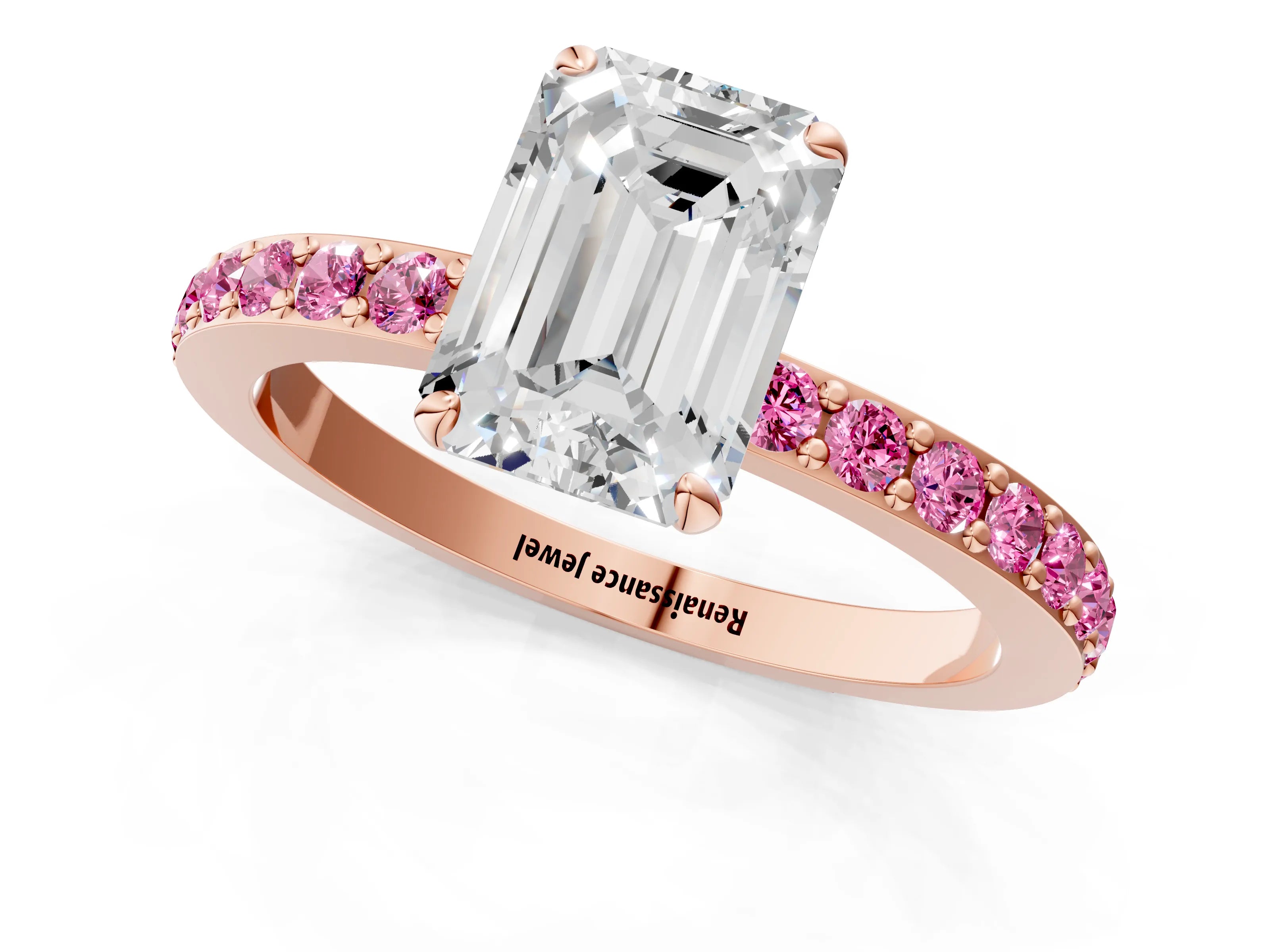 Rose gold Emerald Cut Diamond Pavé Engagement Ring with Round with Pink Sapphire side stone Accents and Prong Setting_1