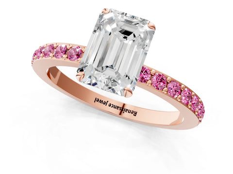 Rose gold Emerald Cut Diamond Pavé Engagement Ring with Round with Pink Sapphire side stone Accents and Prong Setting_1