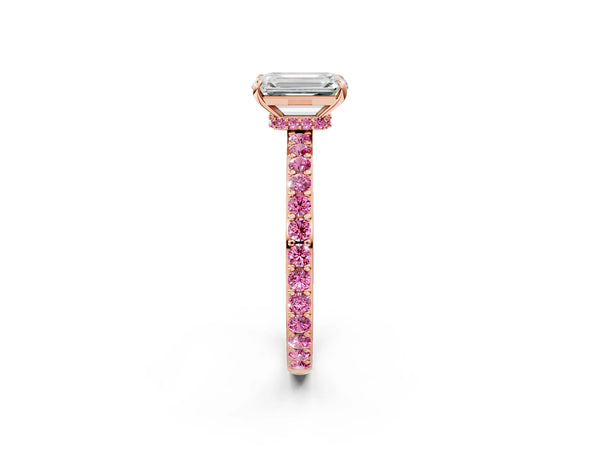 Rose Gold Emerald Cut Hidden Halo Engagement Ring Setting with Lab-Grown Pink Sapphire Pave Band