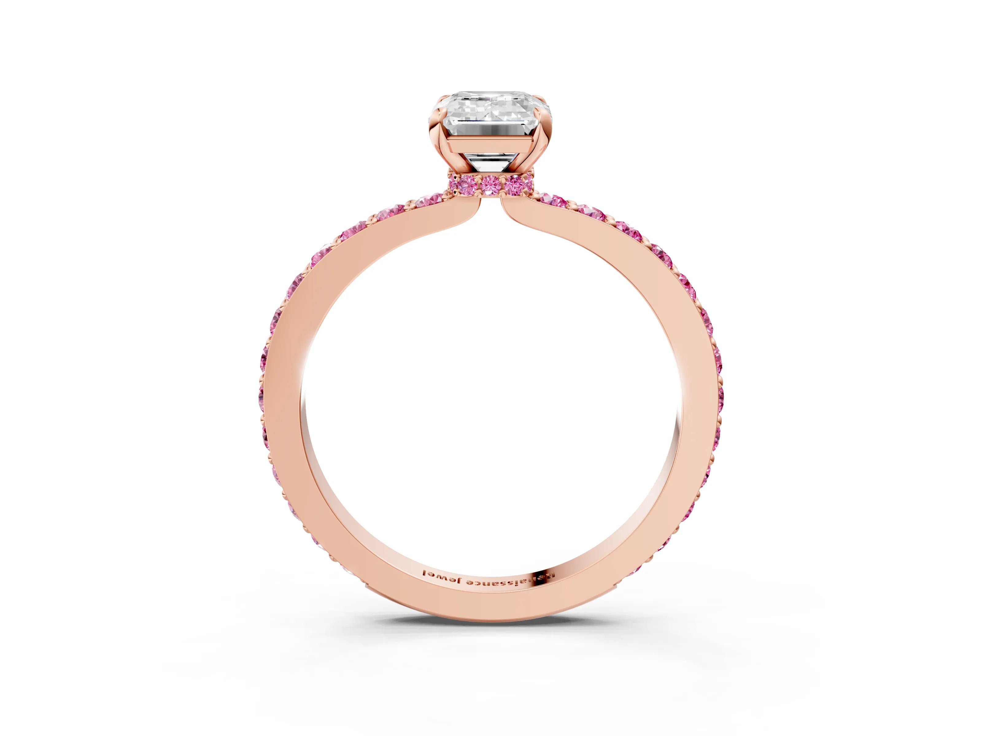 Rose gold Emerald Cut Diamond Pavé Engagement Ring with Round with Pink Sapphire side stone Accents and Prong Setting_3