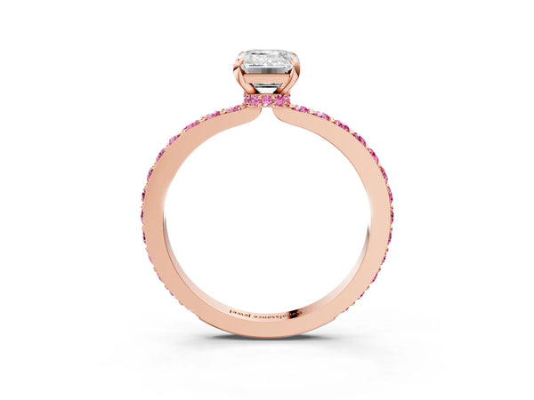 Rose Gold Emerald Cut Hidden Halo Engagement Ring Setting with Lab-Grown Pink Sapphire Pave Band