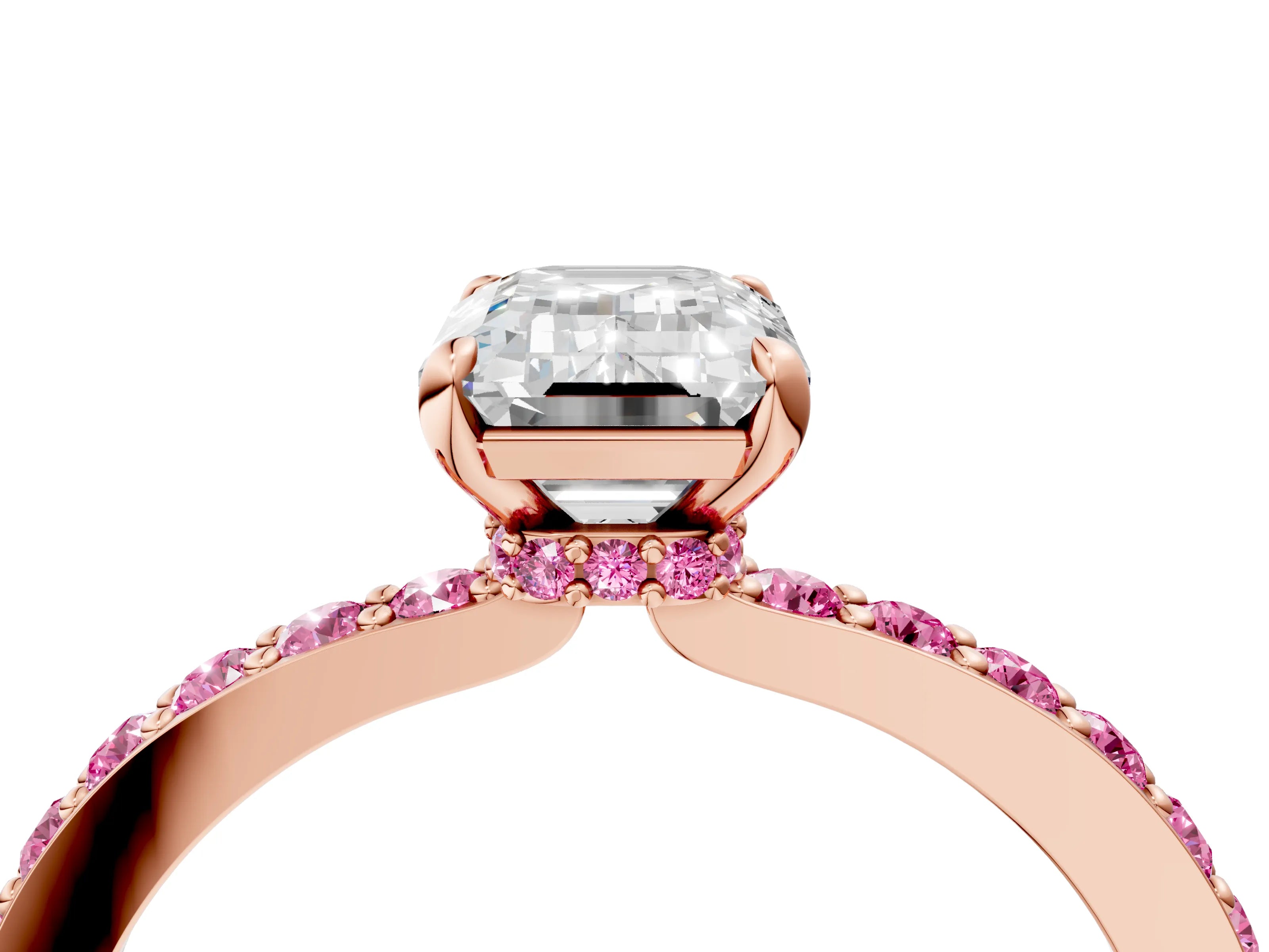 Rose gold Emerald Cut Diamond Pavé Engagement Ring with Round with Pink Sapphire side stone Accents and Prong Setting_4