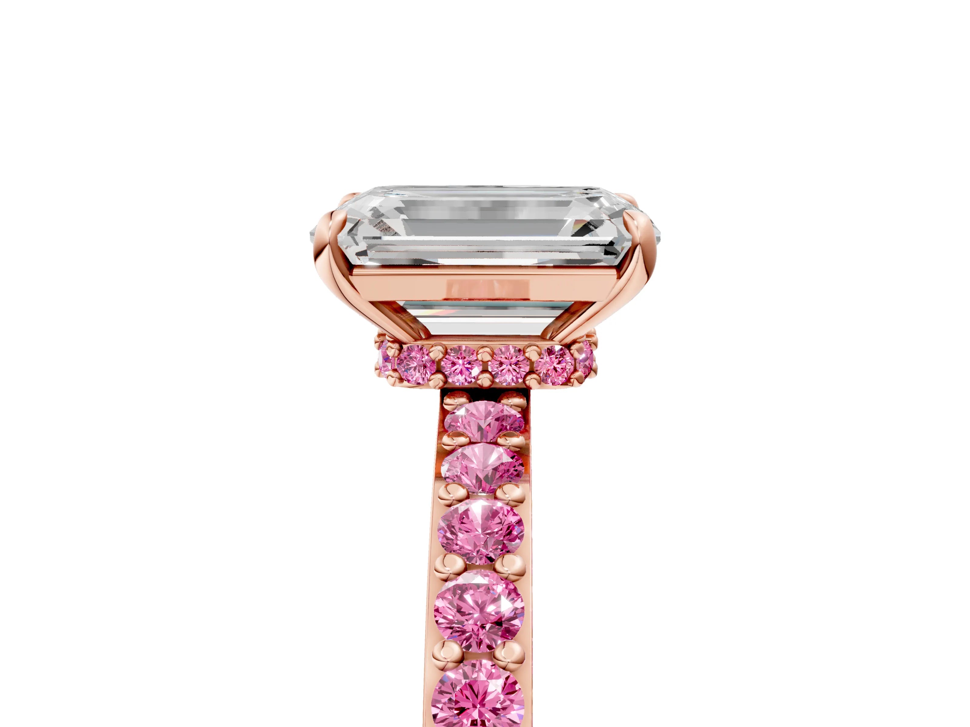 Rose gold Emerald Cut Diamond Pavé Engagement Ring with Round with Pink Sapphire side stone Accents and Prong Setting_5