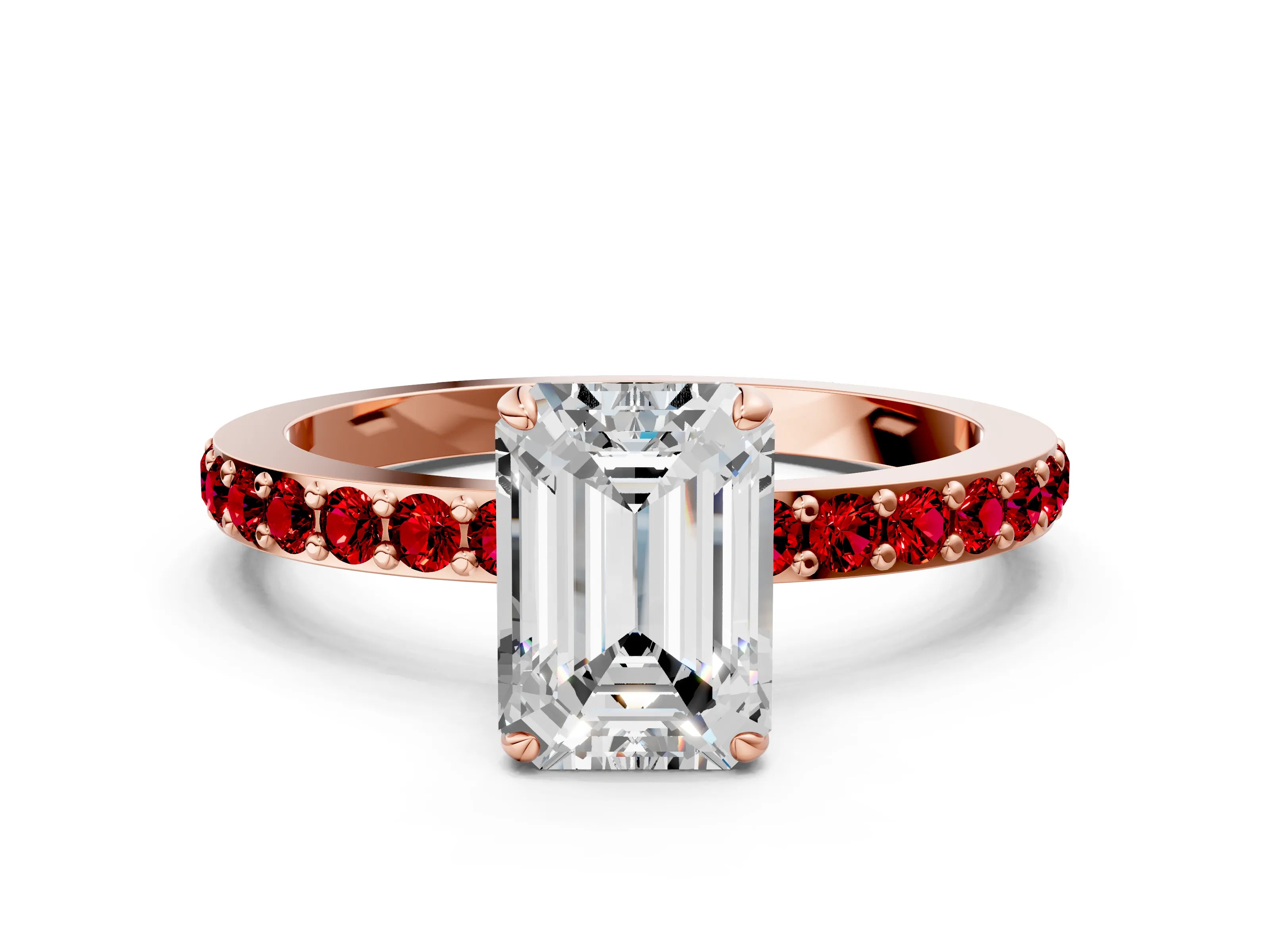 Rose gold Emerald Cut Diamond Pavé Engagement Ring with Round with Ruby side stone Accents and Prong Setting
