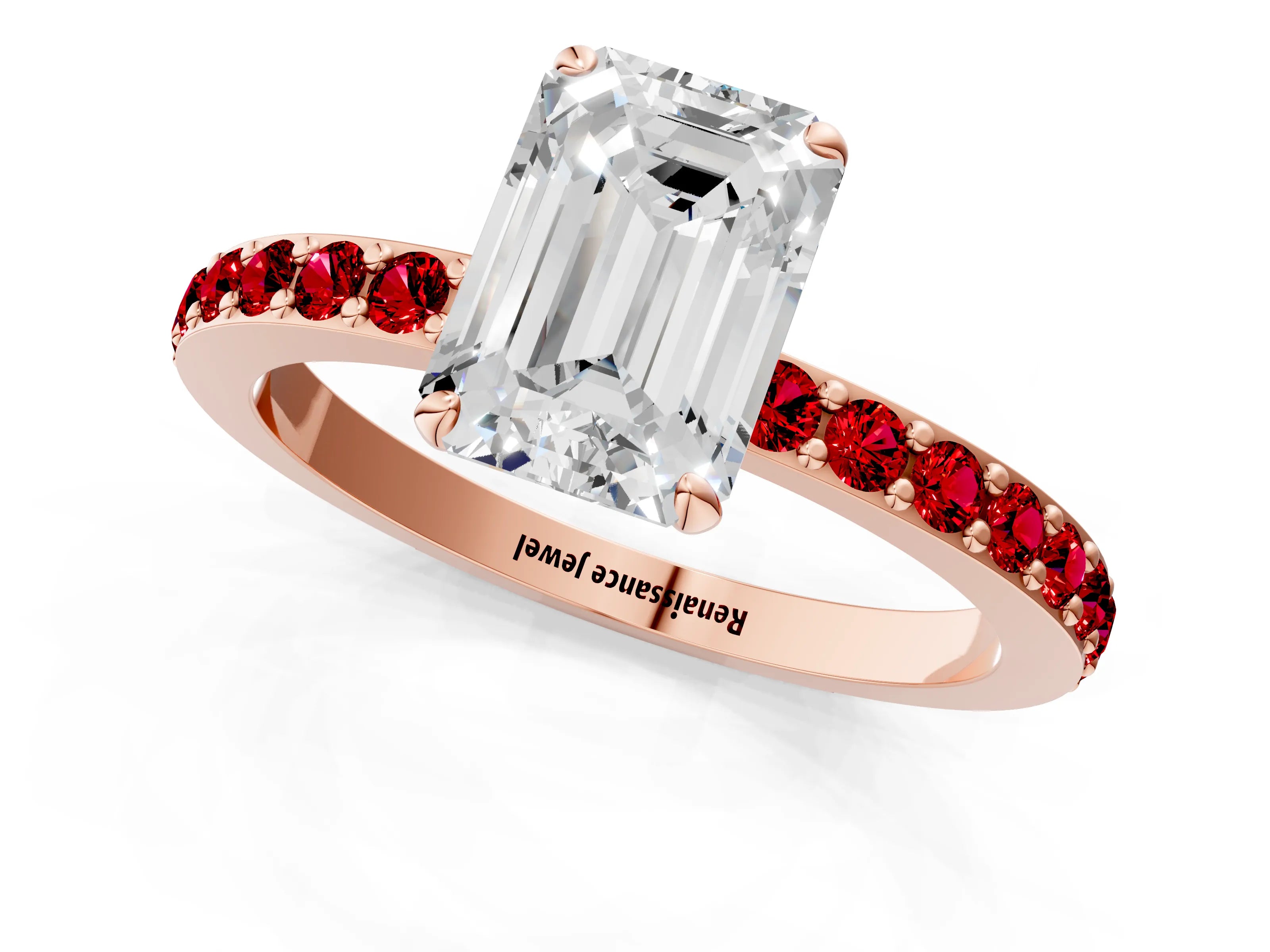 Rose gold Emerald Cut Diamond Pavé Engagement Ring with Round with Ruby side stone Accents and Prong Setting_1