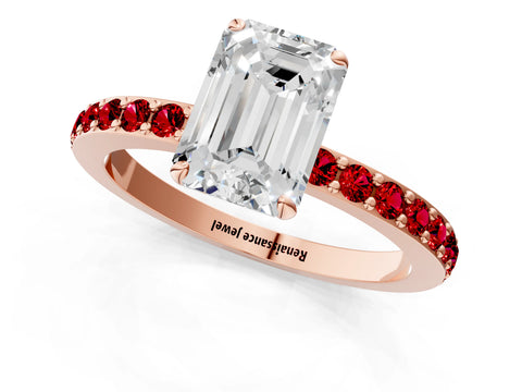 Rose gold Emerald Cut Diamond Pavé Engagement Ring with Round with Ruby side stone Accents and Prong Setting_1