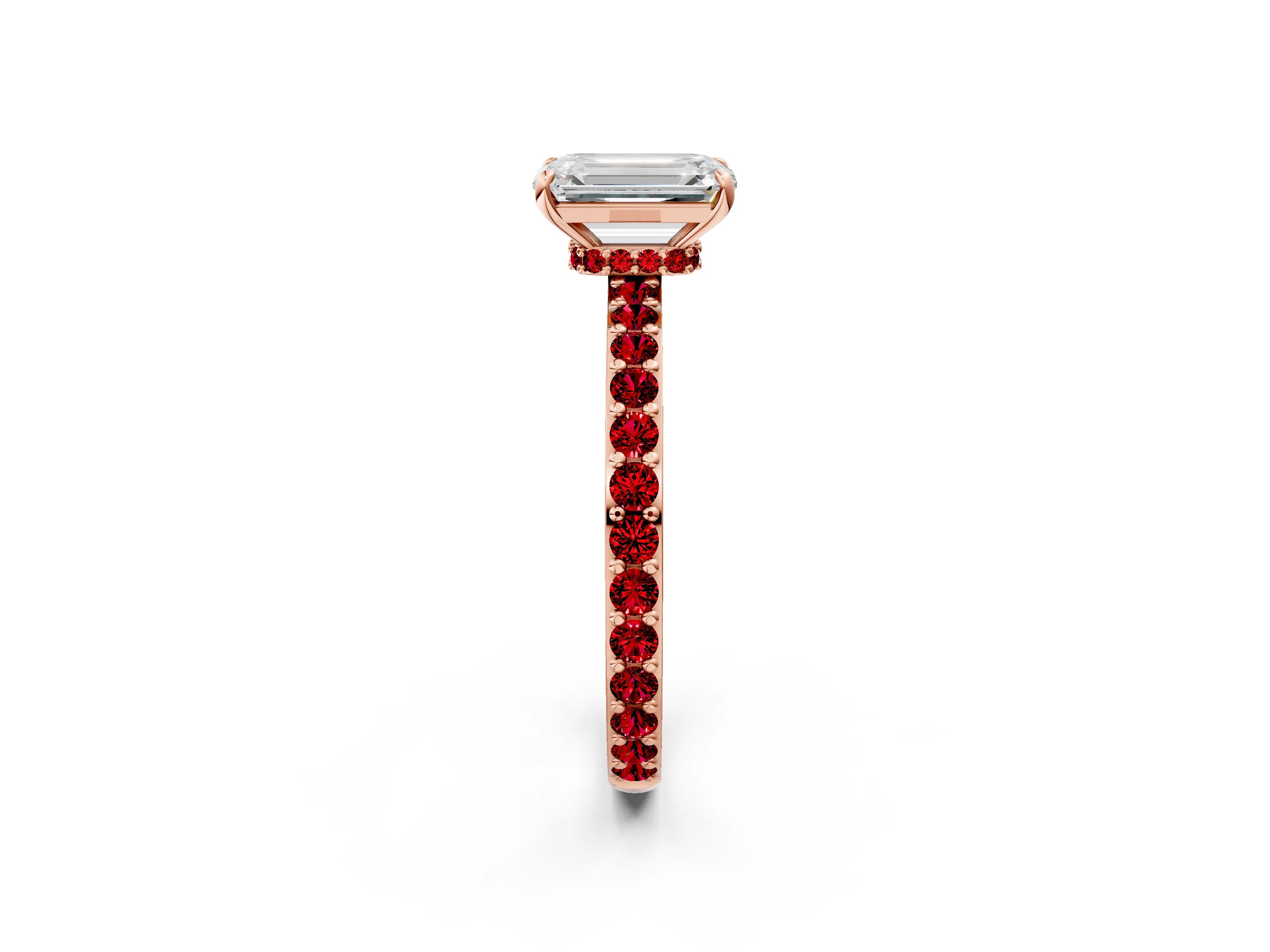 Rose gold Emerald Cut Diamond Pavé Engagement Ring with Round with Ruby side stone Accents and Prong Setting_2