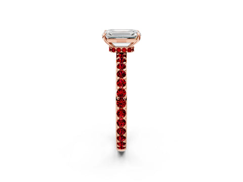 Rose gold Emerald Cut Diamond Pavé Engagement Ring with Round with Ruby side stone Accents and Prong Setting_2