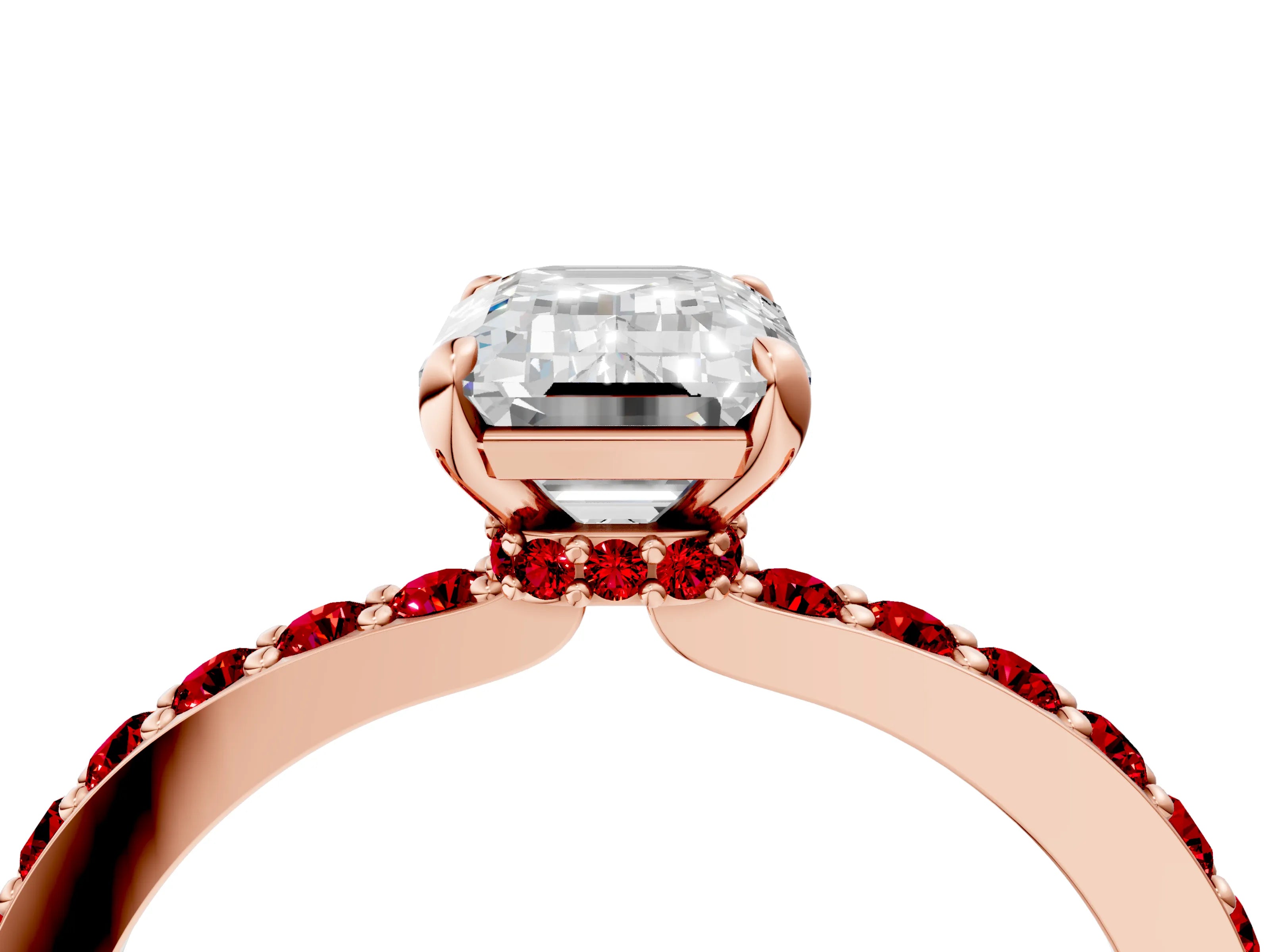 Rose gold Emerald Cut Diamond Pavé Engagement Ring with Round with Ruby side stone Accents and Prong Setting_4
