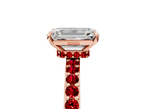 Rose gold Emerald Cut Diamond Pavé Engagement Ring with Round with Ruby side stone Accents and Prong Setting_5