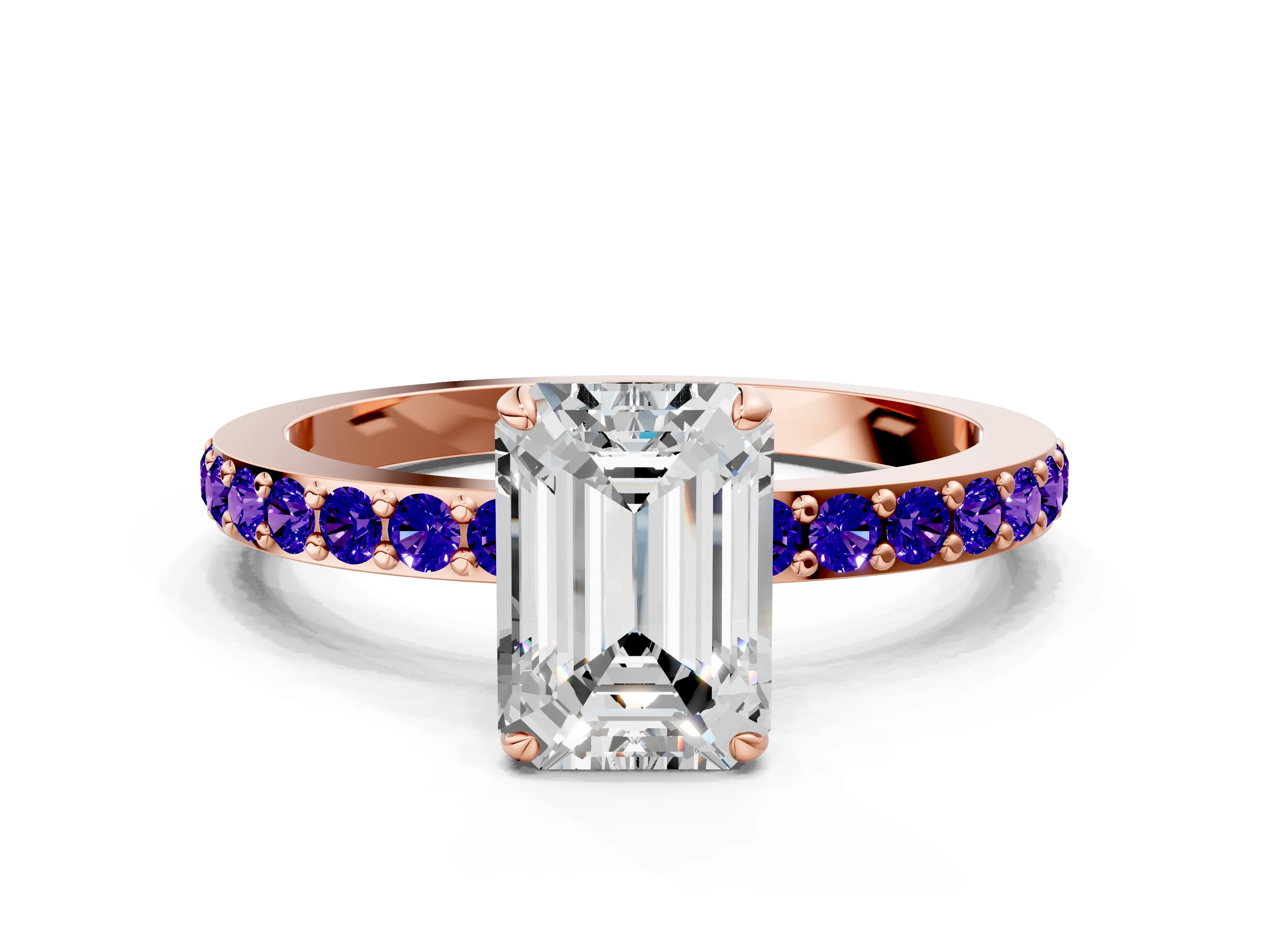 Rose gold Emerald Cut Diamond Pavé Engagement Ring with Round with Tanzanite side stone Accents and Prong Setting