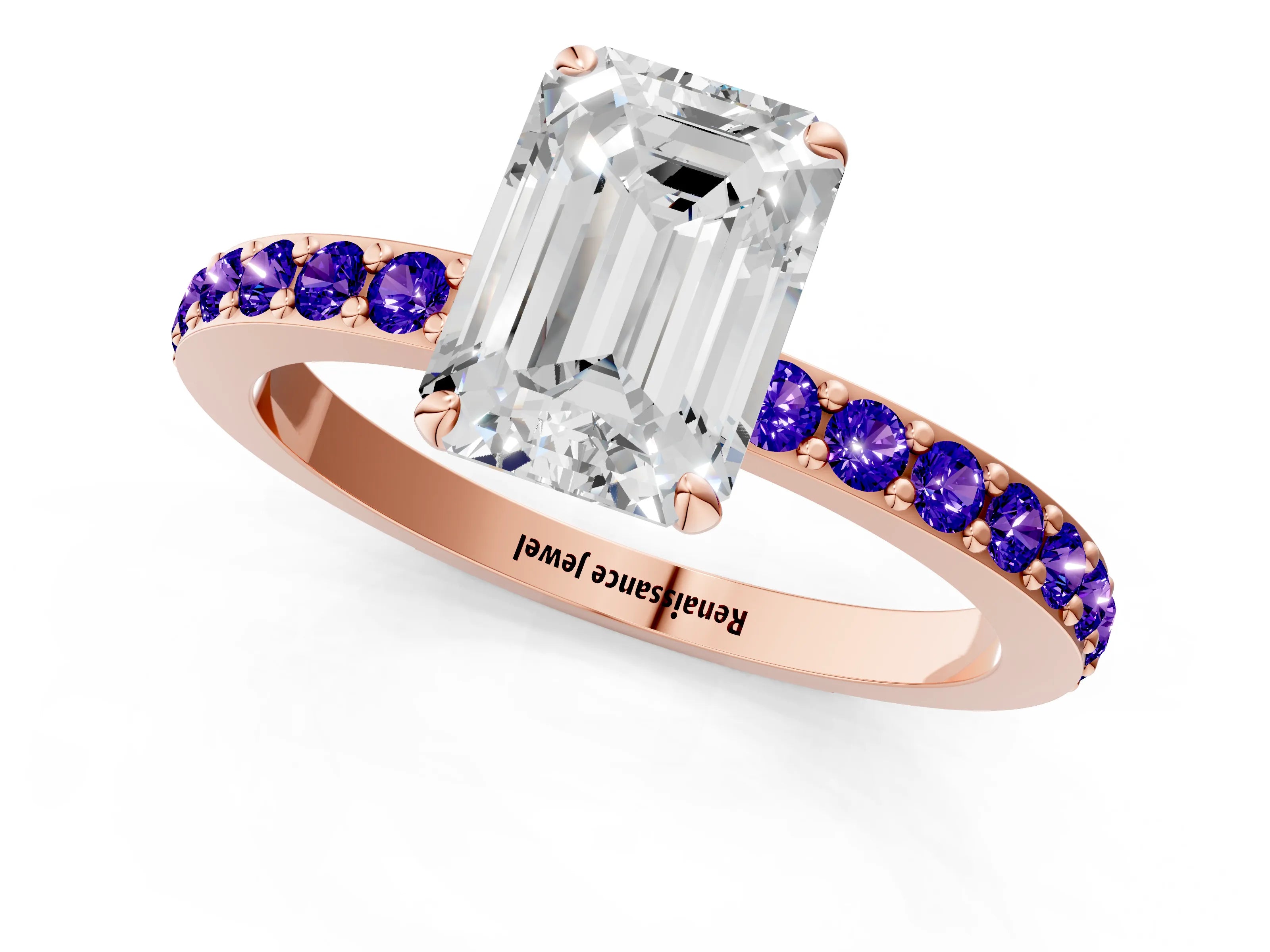 Rose gold Emerald Cut Diamond Pavé Engagement Ring with Round with Tanzanite side stone Accents and Prong Setting_1